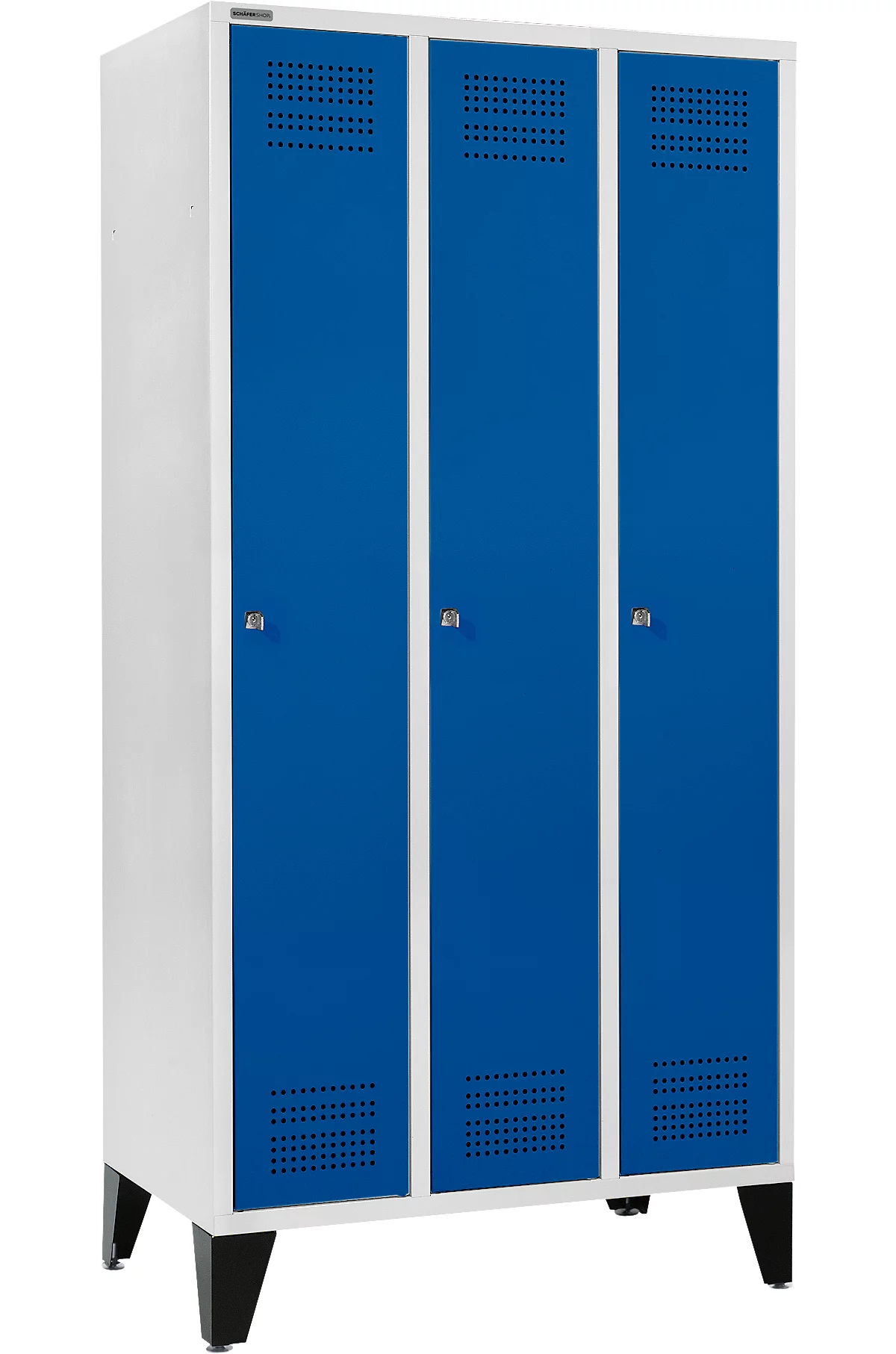 Schäfer Shop Genius Taquilla con patas, 3 compartimentos, anchura compartimento 300 mm, cerradura de cilindro, gris luminoso/azul genciana