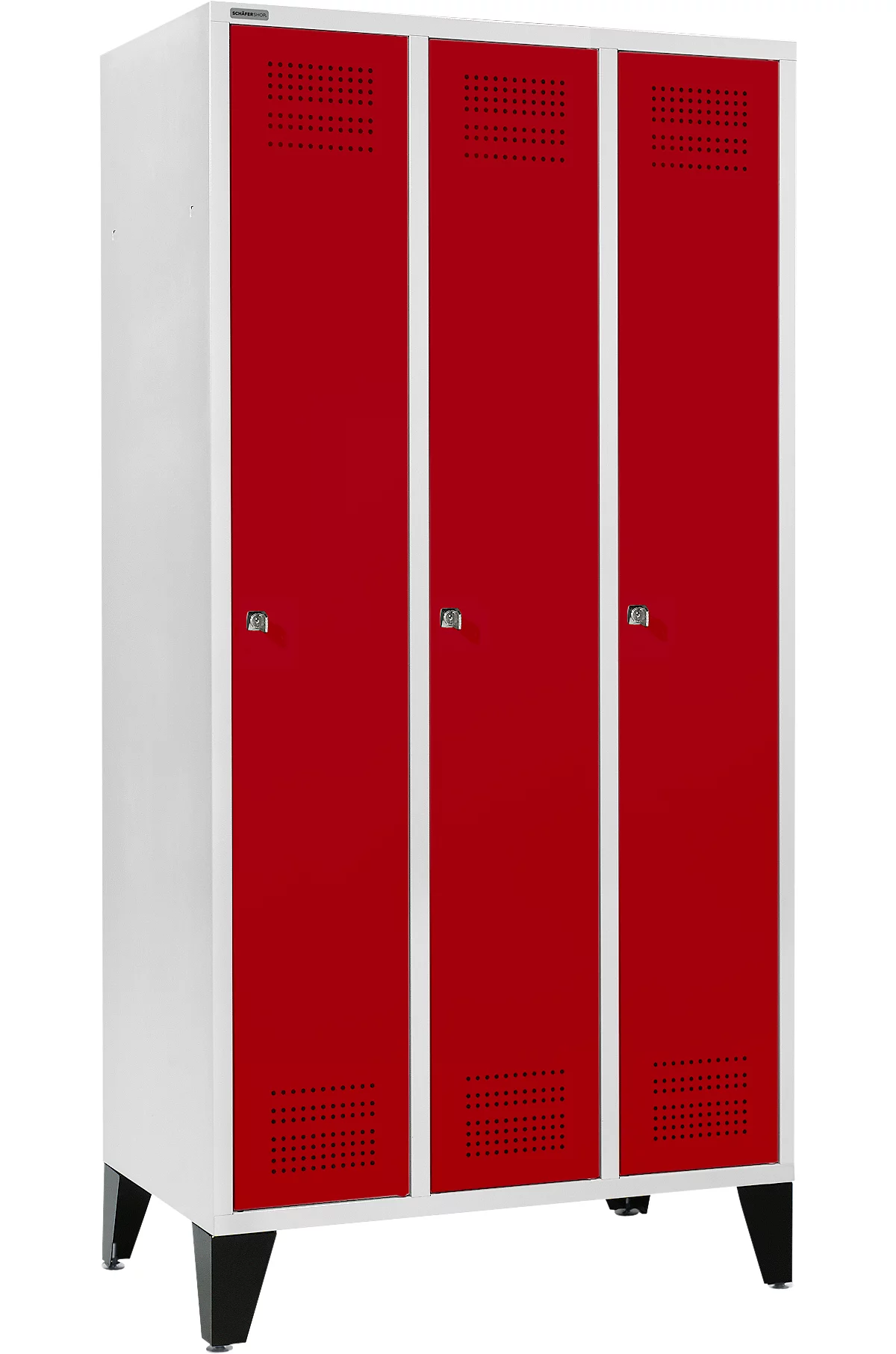 Schäfer Shop Genius Taquilla con patas, 3 compartimentos, anchura compartimento 300 mm, cerradura de cilindro, gris luminoso/rojo rubí