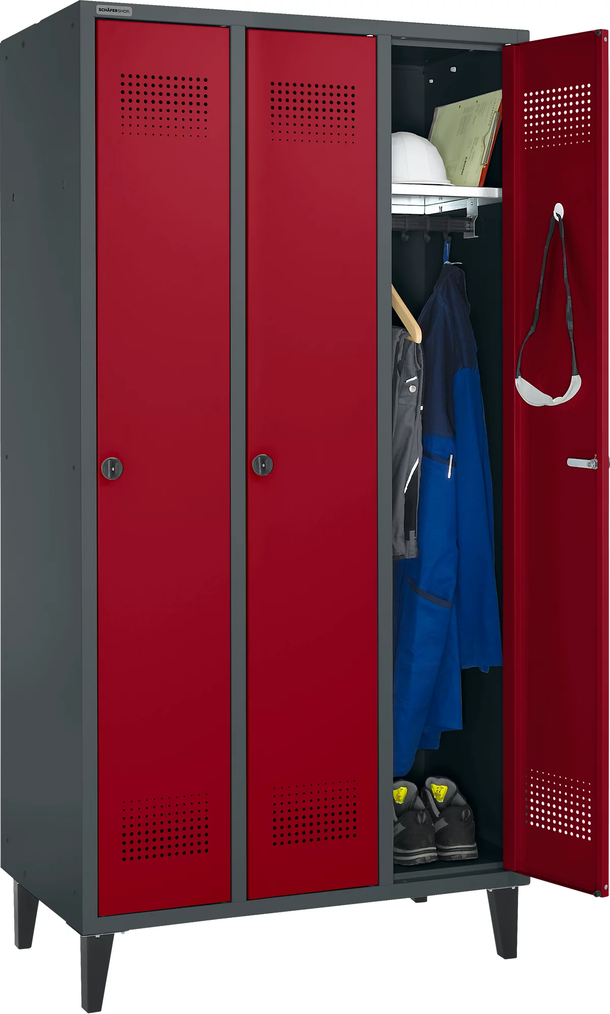 Schäfer Shop Genius Taquilla con patas, 3 compartimentos, anchura compartimento 300 mm, cierre de pasador giratorio de seguridad, antracita/rojo rubí