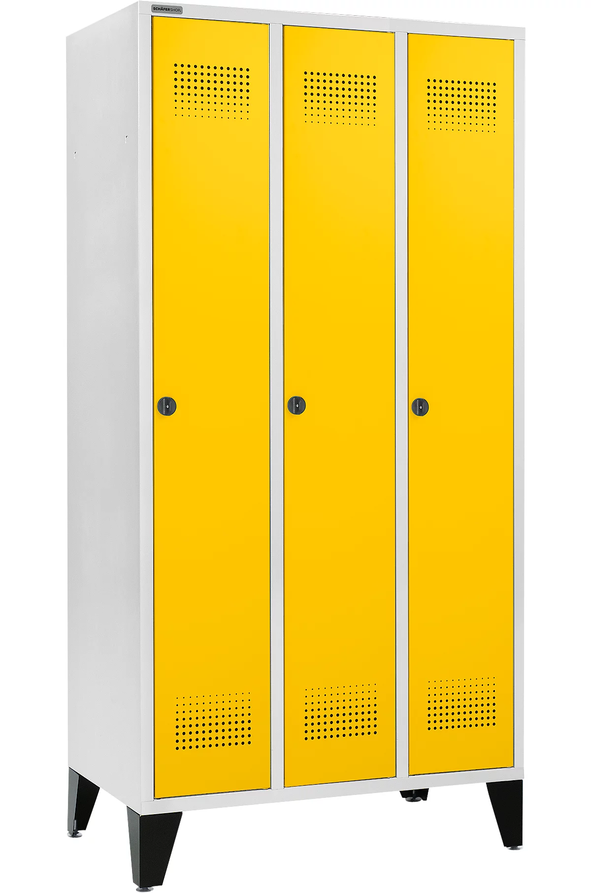 Schäfer Shop Genius Taquilla con patas, 3 compartimentos, anchura compartimento 300 mm, cierre de pasador giratorio de seguridad, gris luminoso/amarillo colza