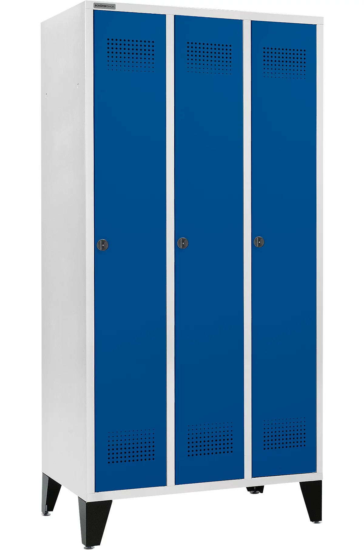 Schäfer Shop Genius Taquilla con patas, 3 compartimentos, anchura compartimento 300 mm, cierre de pasador giratorio de seguridad, gris luminoso/azul genciana