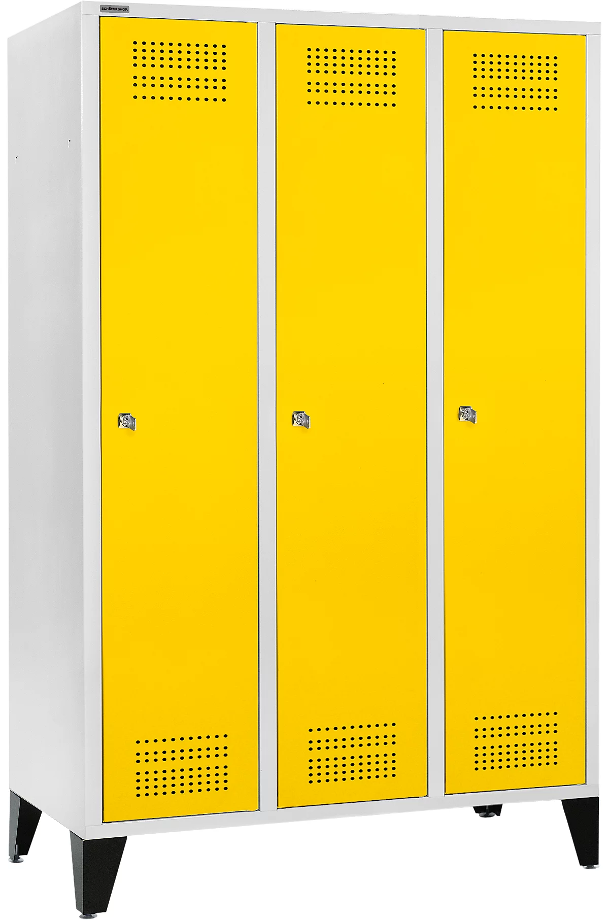 Schäfer Shop Genius Taquilla con patas, 3 compartimentos, anchura compartimento 400 mm, cerradura de cilindro, gris luminoso/amarillo colza