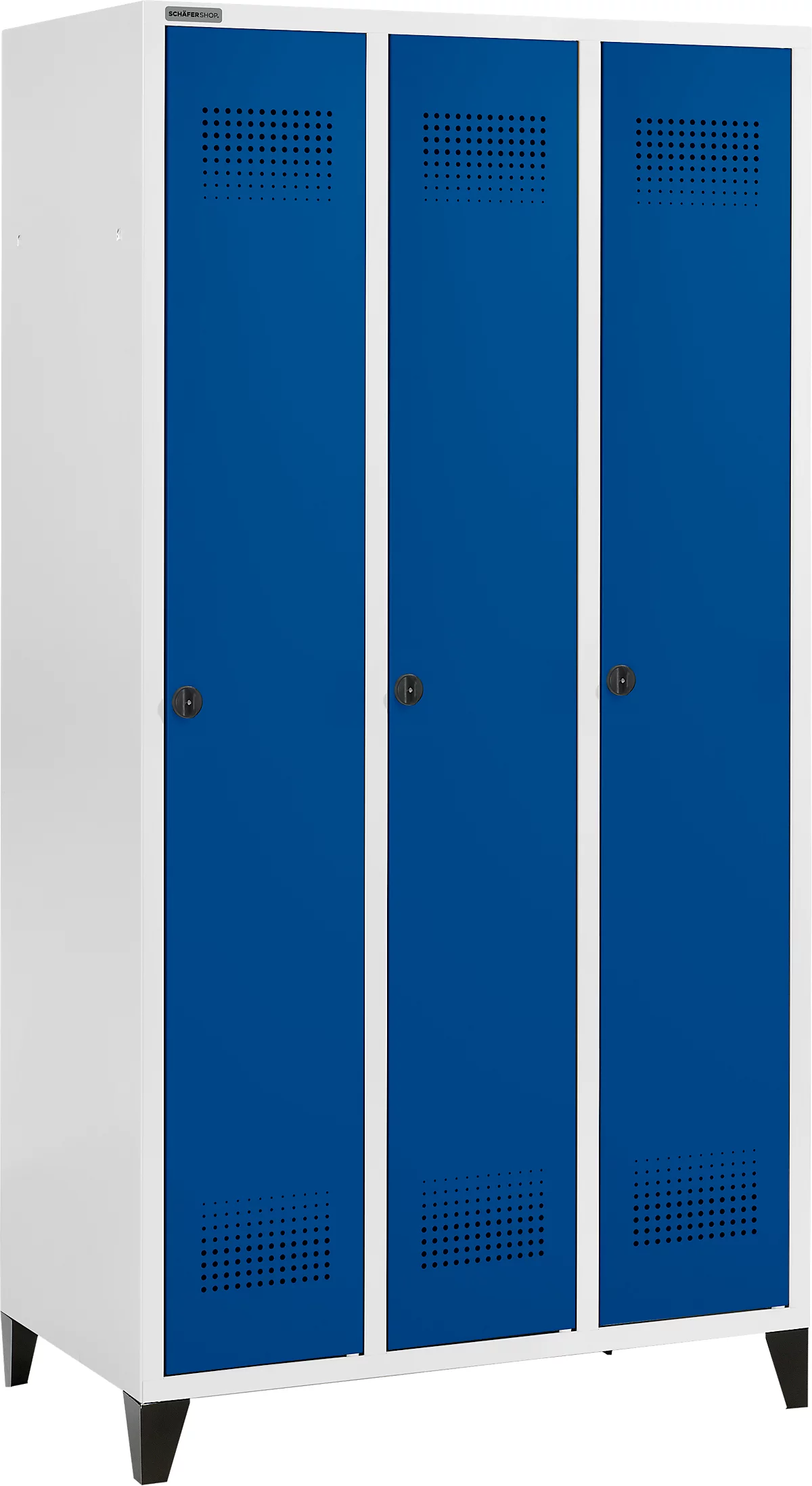 Schäfer Shop Genius Taquilla con patas, 3 compartimentos, cierre giratorio, gris luminoso/azul genciana