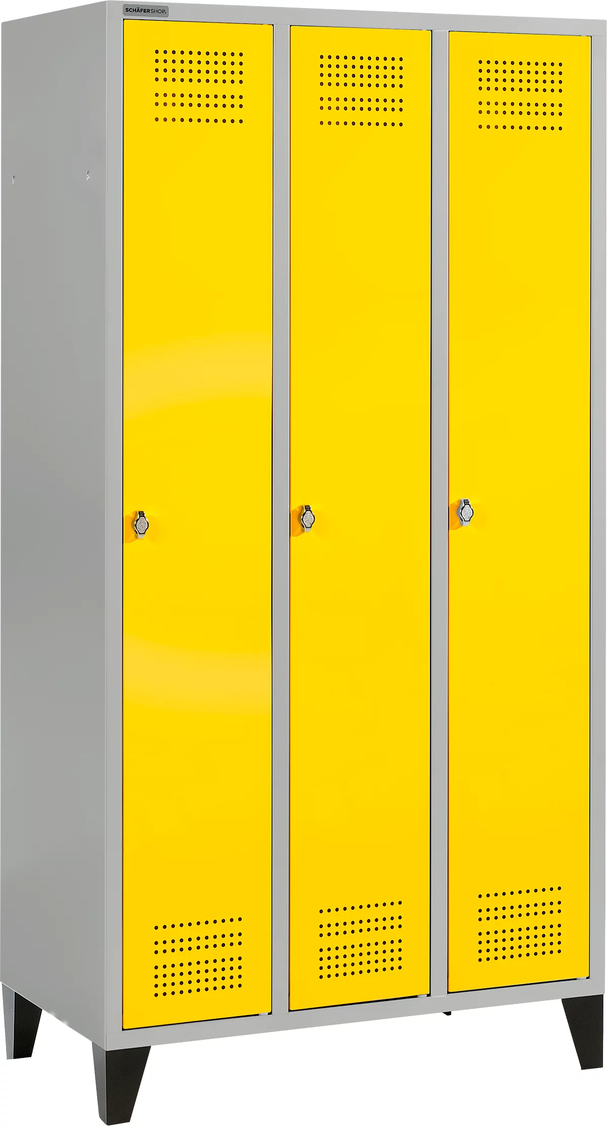 Schäfer Shop Genius Taquilla con patas, 3 compartimentos, cierre giratorio, plateado claro/amarillo