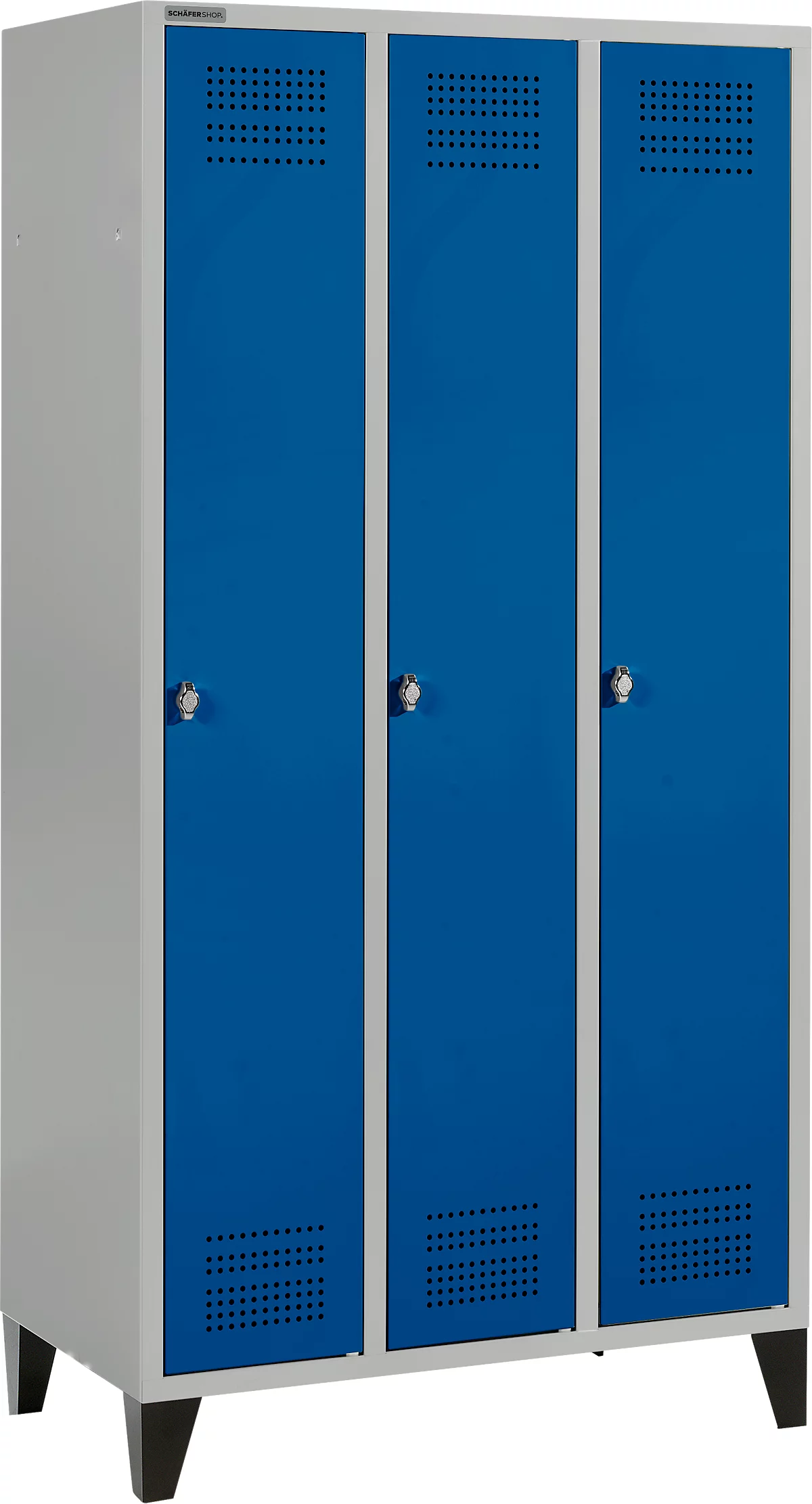 Schäfer Shop Genius Taquilla con patas, 3 compartimentos, cierre giratorio, plateado claro/azul genciana