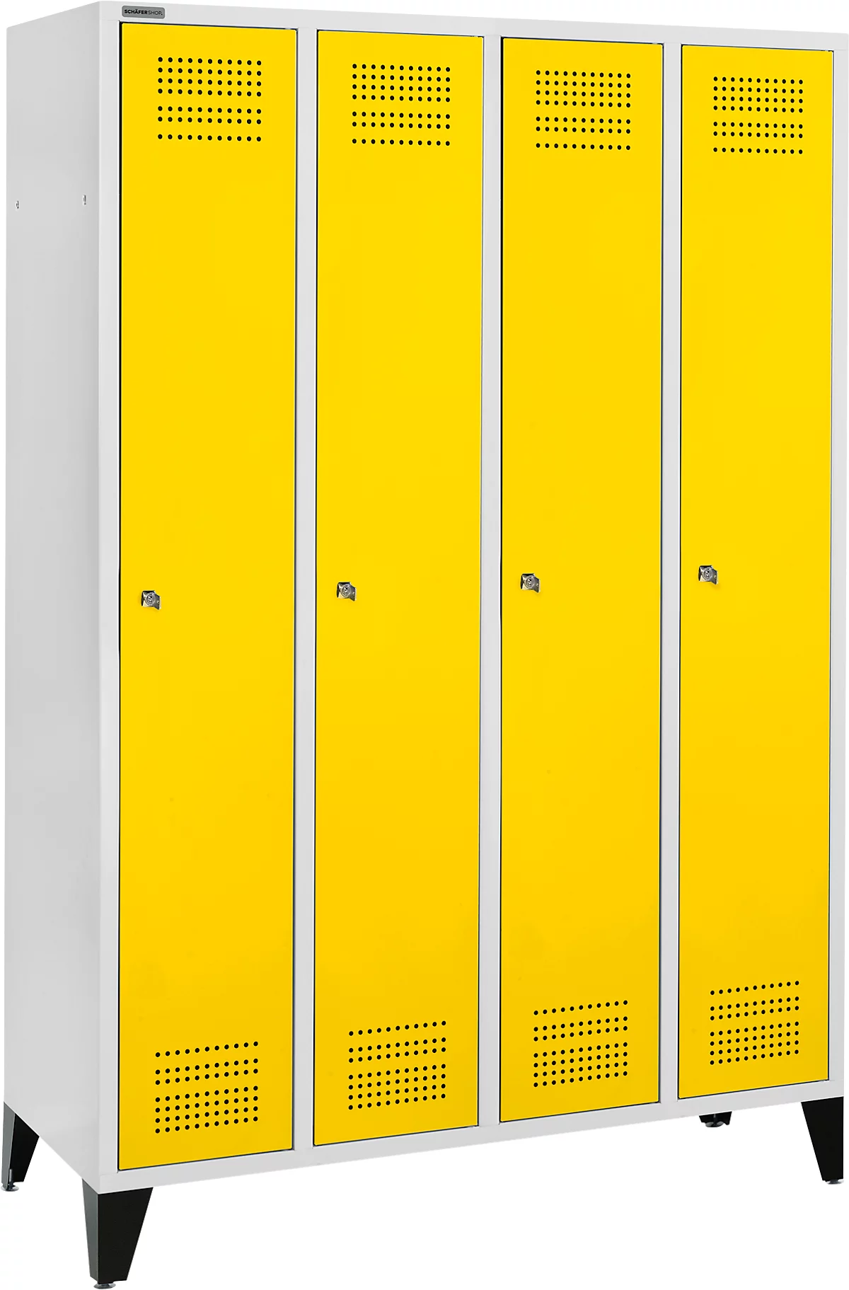 Schäfer Shop Genius Taquilla con patas, 4 compartimentos, anchura compartimento 300 mm, cerradura de cilindro, amarillo colza