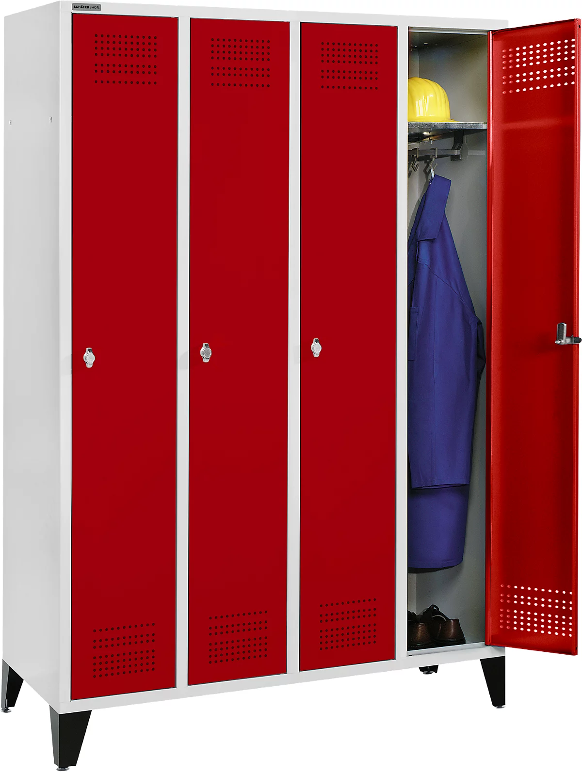 Schäfer Shop Genius Taquilla con patas, 4 compartimentos, anchura compartimento 300 mm, cierre de pasador giratorio, rojo rubí