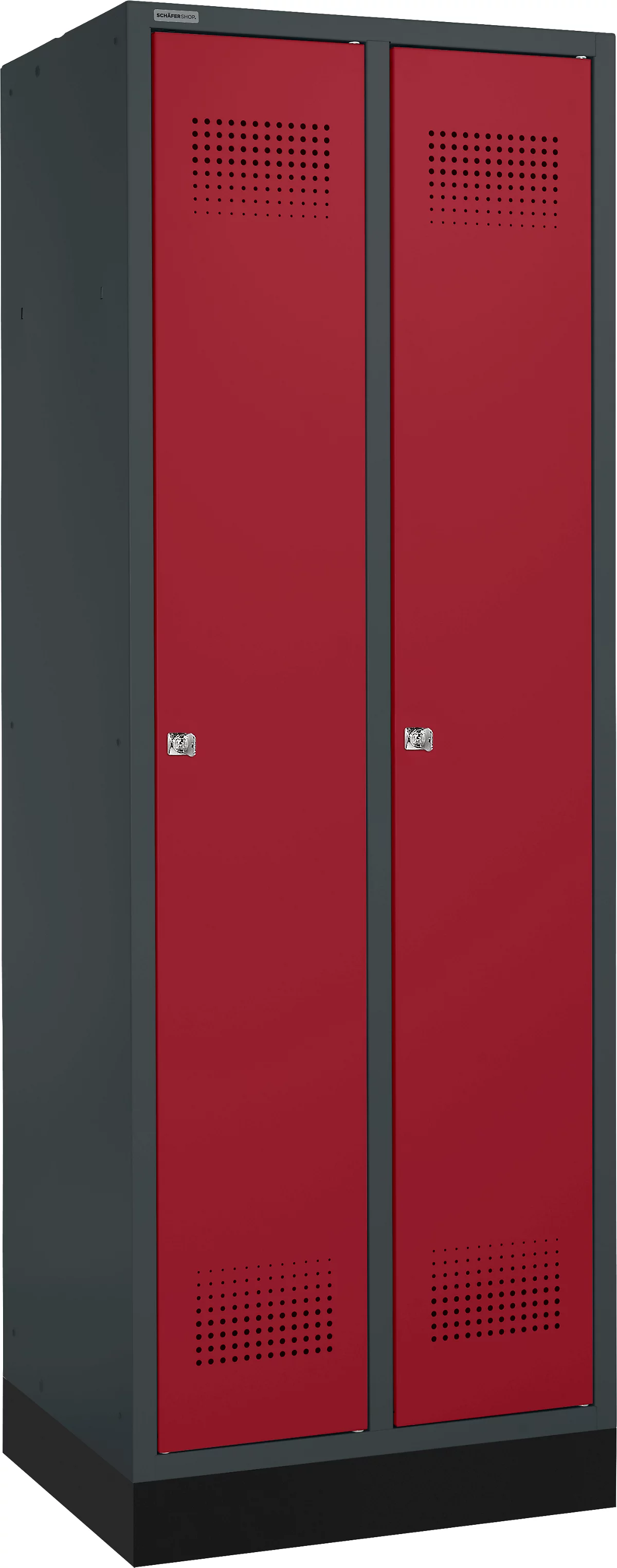 Schäfer Shop Genius Taquilla con zócalo, 2 compartimentos, anchura compartimento 300 mm, cerradura de cilindro, antracita/rojo rubí
