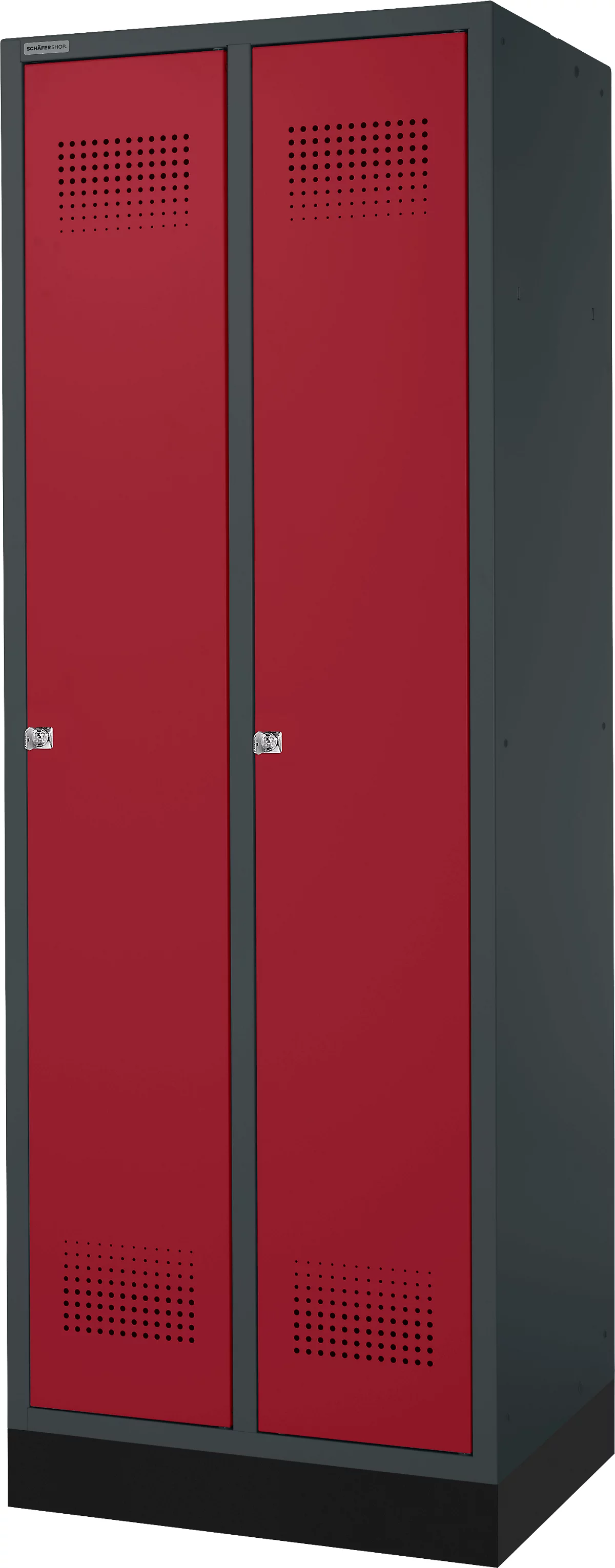 Schäfer Shop Genius Taquilla con zócalo, 2 compartimentos, anchura compartimento 300 mm, cerradura de cilindro, antracita/rojo rubí