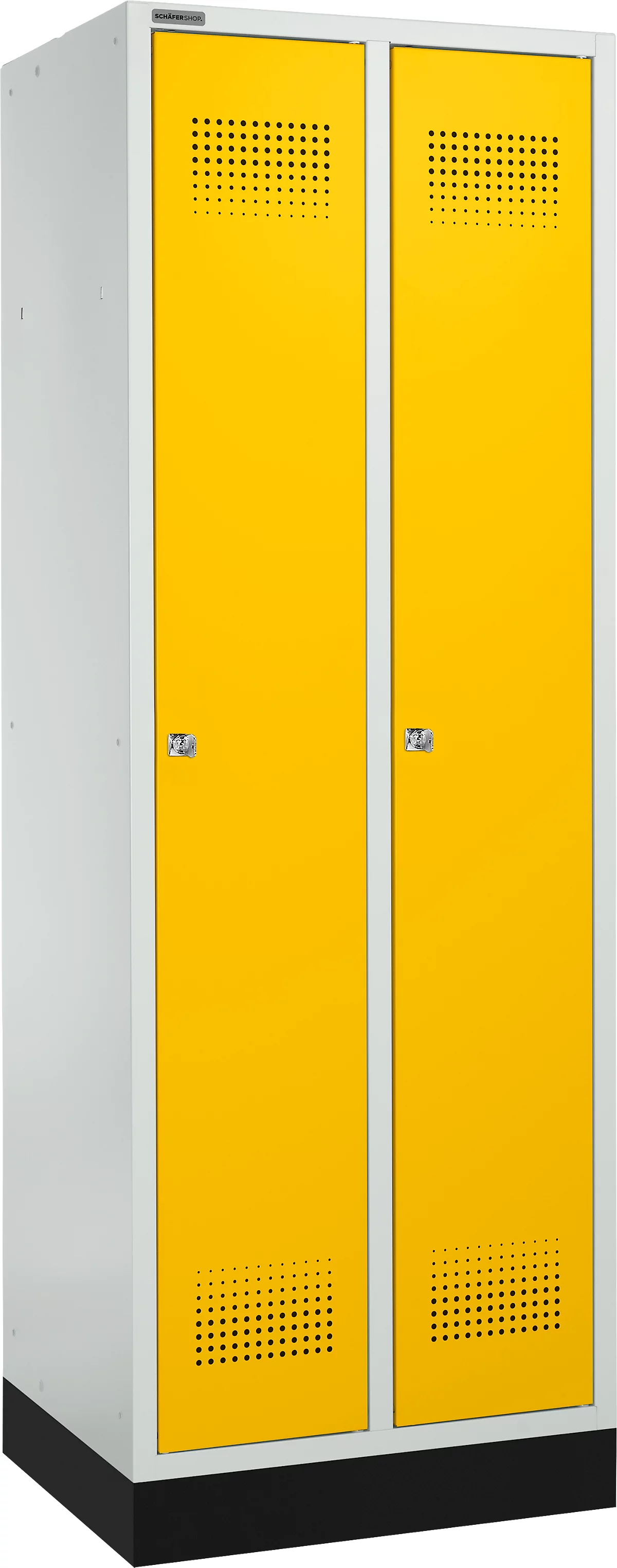 Schäfer Shop Genius Taquilla con zócalo, 2 compartimentos, anchura compartimento 300 mm, cerradura de cilindro, gris luminoso/amarillo colza