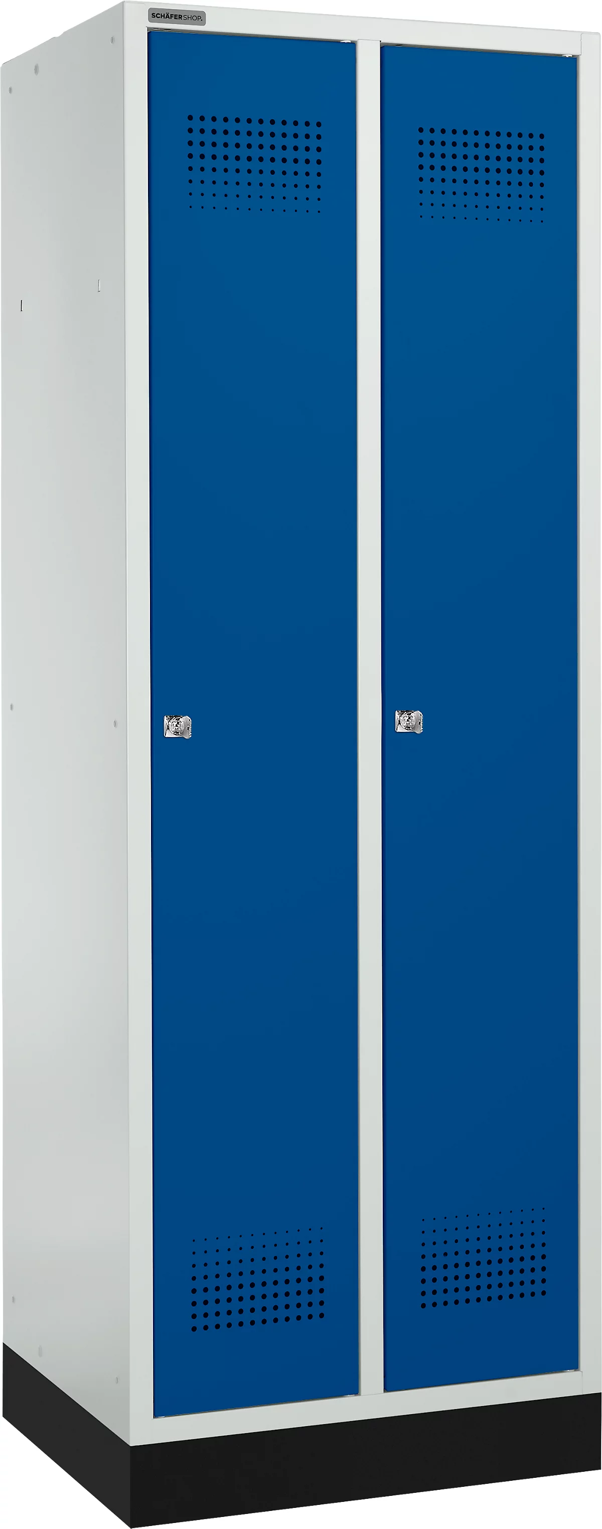 Schäfer Shop Genius Taquilla con zócalo, 2 compartimentos, anchura compartimento 300 mm, cerradura de cilindro, gris luminoso/azul genciana