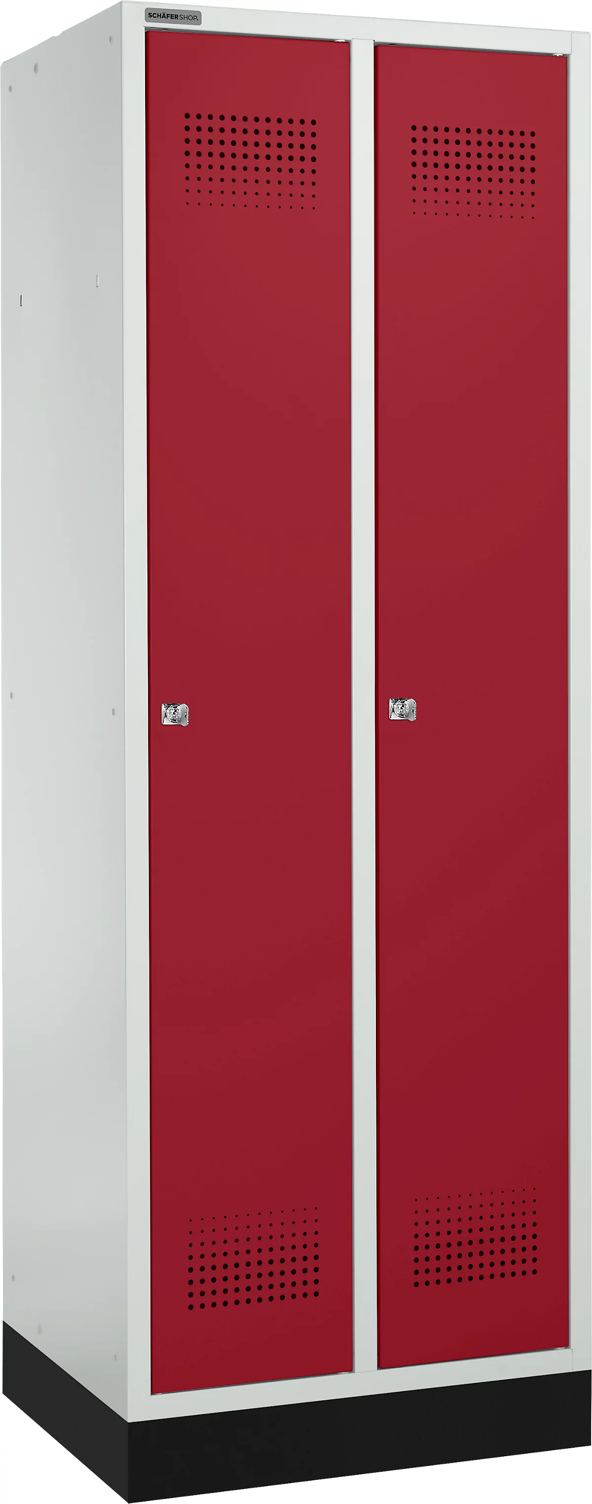 Schäfer Shop Genius Taquilla con zócalo, 2 compartimentos, anchura compartimento 300 mm, cerradura de cilindro, gris luminoso/rojo rubí