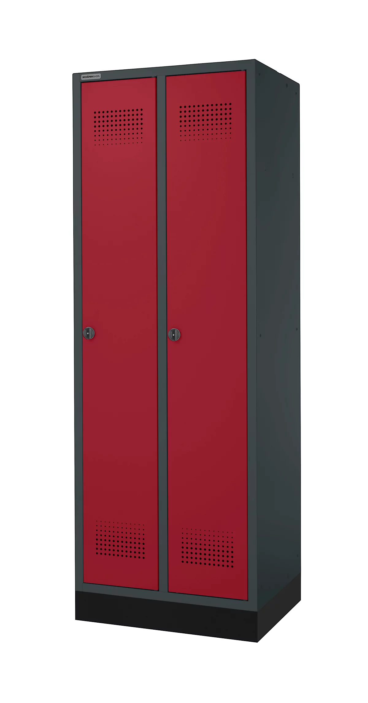 Schäfer Shop Genius Taquilla con zócalo, 2 compartimentos, anchura compartimento 300 mm, cierre de pasador giratorio de seguridad, antracita/rojo rubí