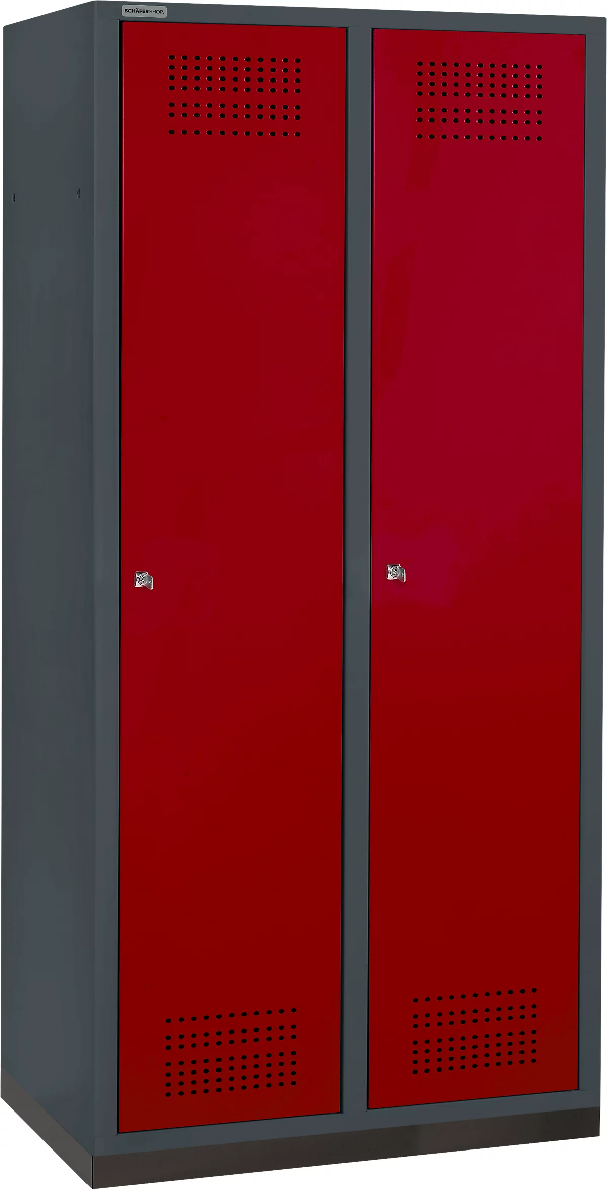 Schäfer Shop Genius Taquilla con zócalo, 2 compartimentos, anchura compartimento 400 mm, cerradura de cilindro, antracita/rojo rubí