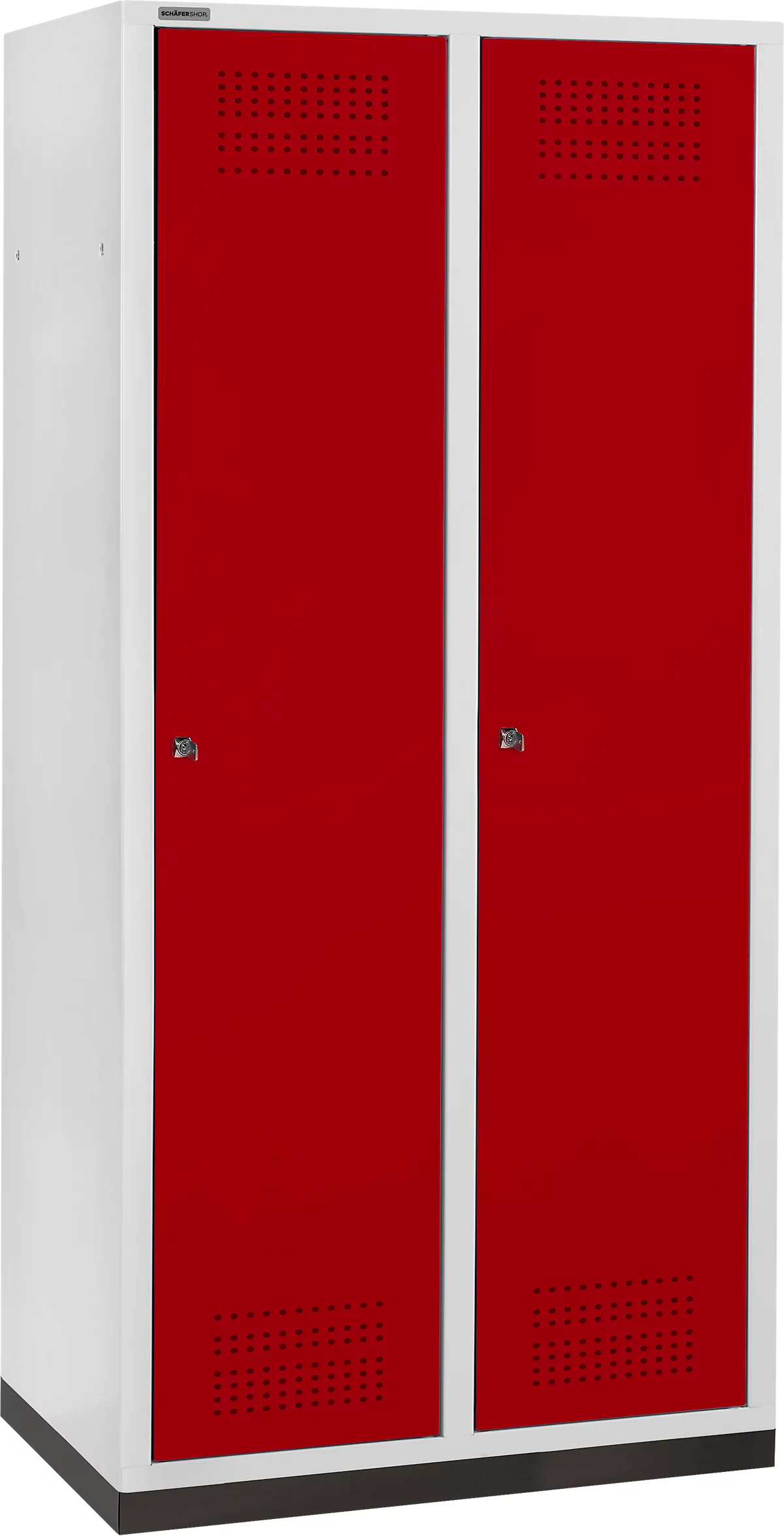 Schäfer Shop Genius Taquilla con zócalo, 2 compartimentos, anchura compartimento 400 mm, cerradura de cilindro, gris luminoso/rojo rubí