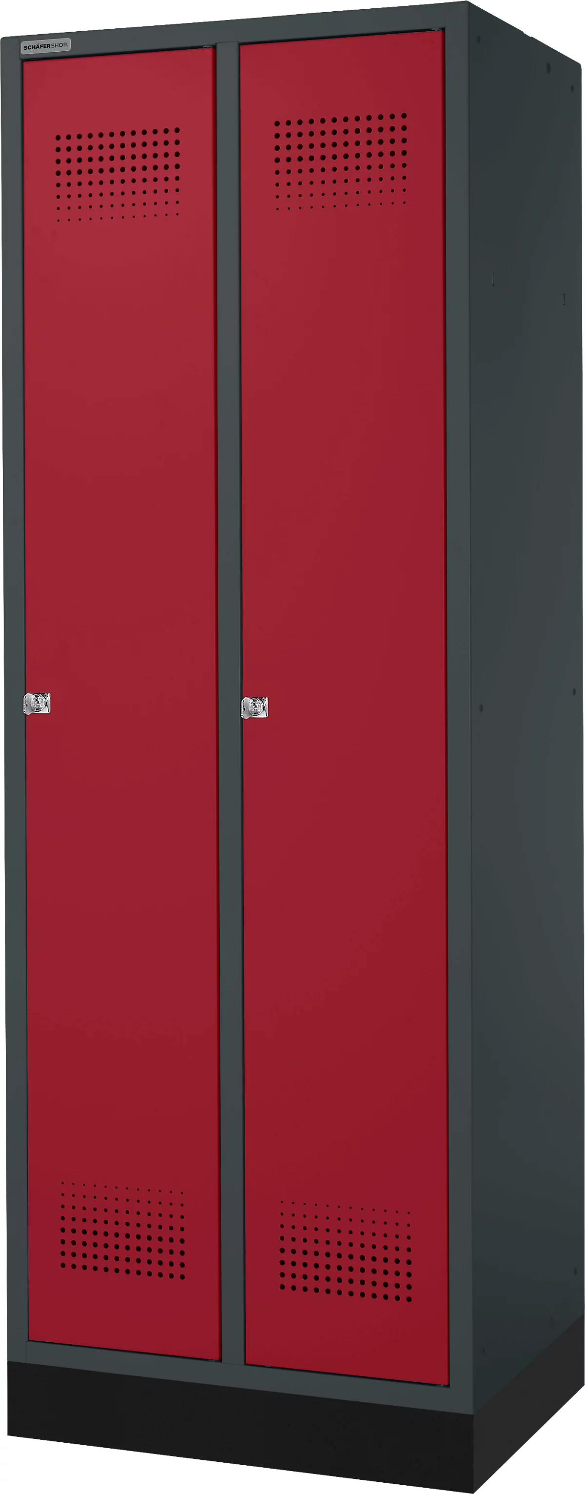 Schäfer Shop Genius Taquilla con zócalo, 2 compartimentos, cerradura de cilindro, antracita RAL 7016/rojo