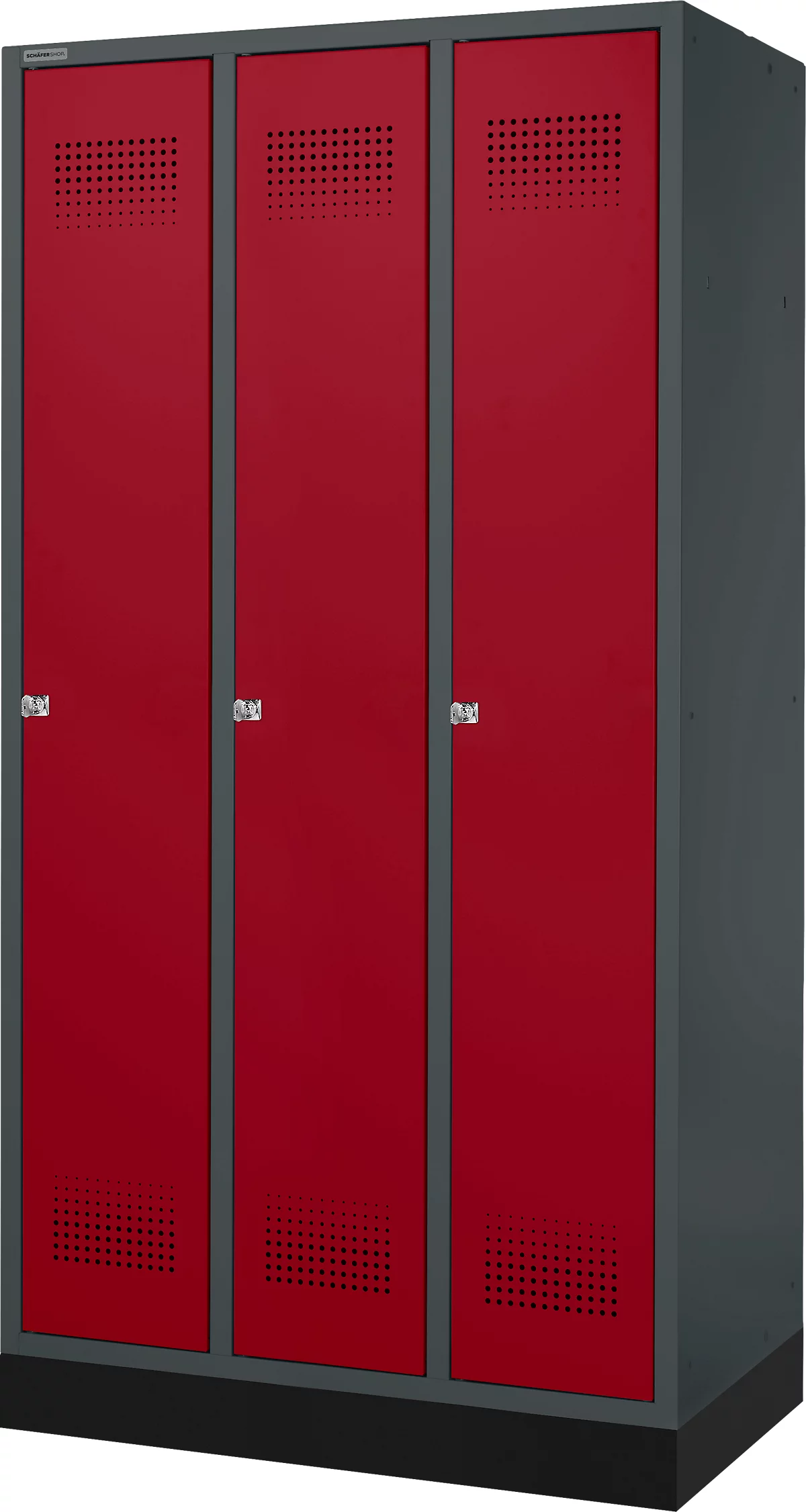 Schäfer Shop Genius Taquilla con zócalo, 3 compartimentos, anchura compartimento 300 mm, cerradura de cilindro, antracita/rojo rubí