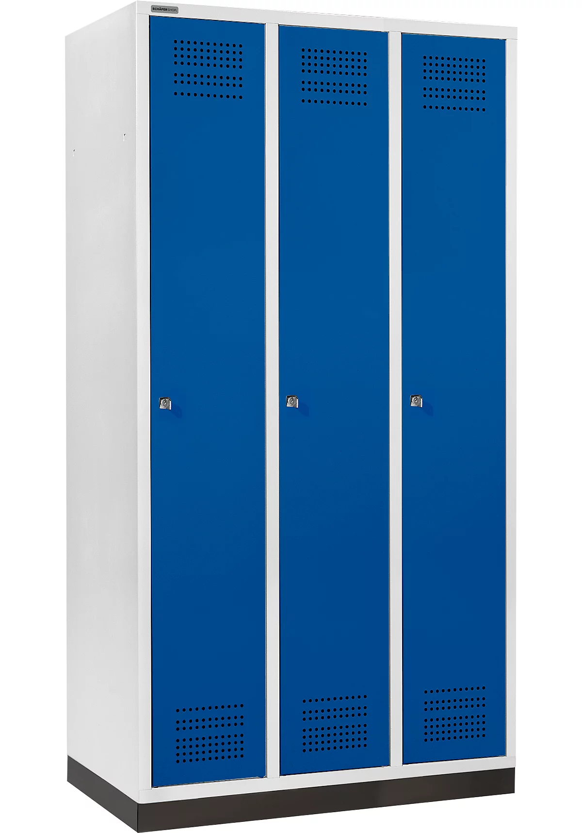 Schäfer Shop Genius Taquilla con zócalo, 3 compartimentos, anchura compartimento 300 mm, cerradura de cilindro, azul genciana