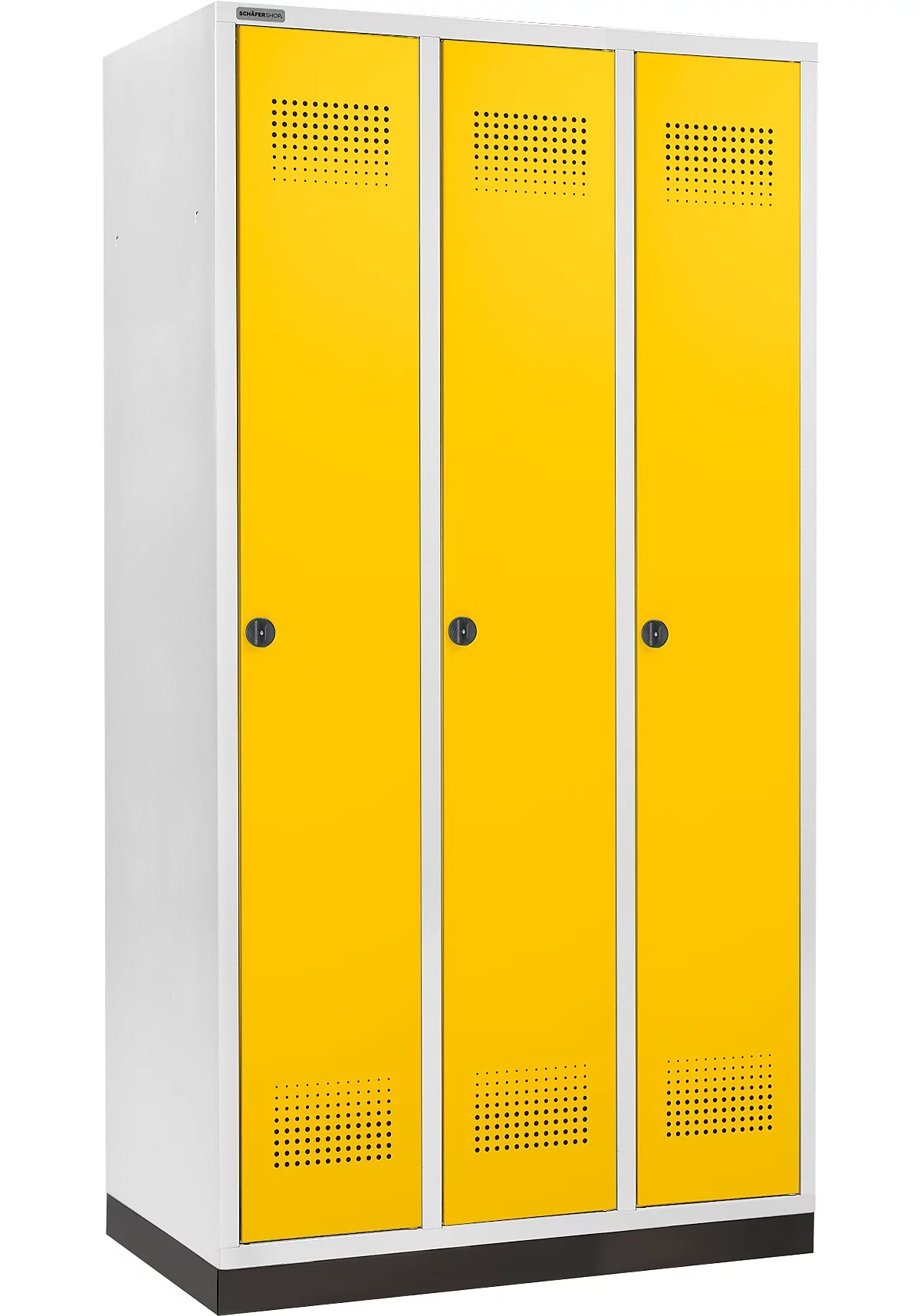 Schäfer Shop Genius Taquilla con zócalo, 3 compartimentos, anchura compartimento 300 mm, cierre de pasador giratorio de seguridad, amarillo colza
