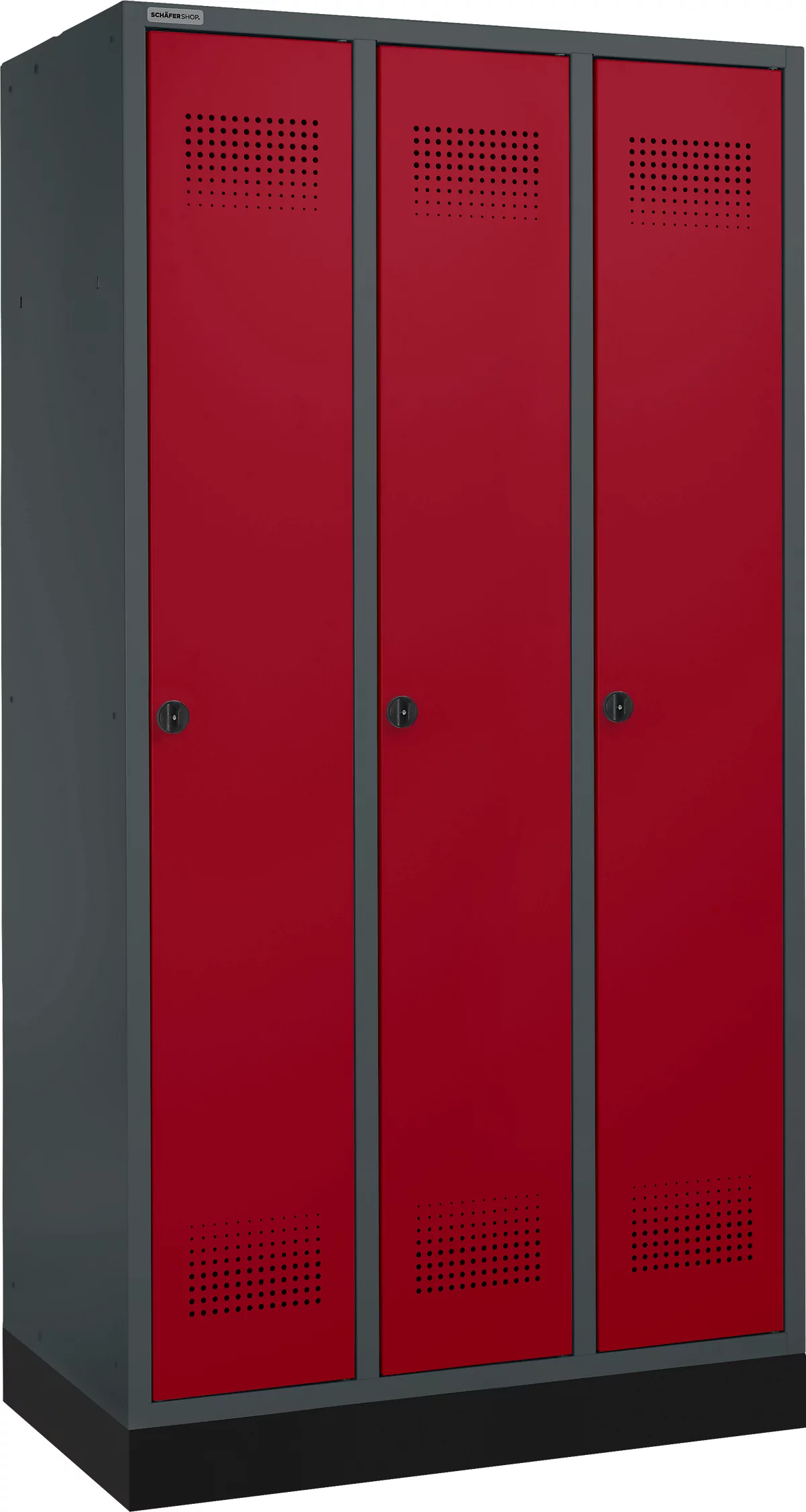 Schäfer Shop Genius Taquilla con zócalo, 3 compartimentos, anchura compartimento 300 mm, cierre de pasador giratorio de seguridad, antracita/rojo rubí