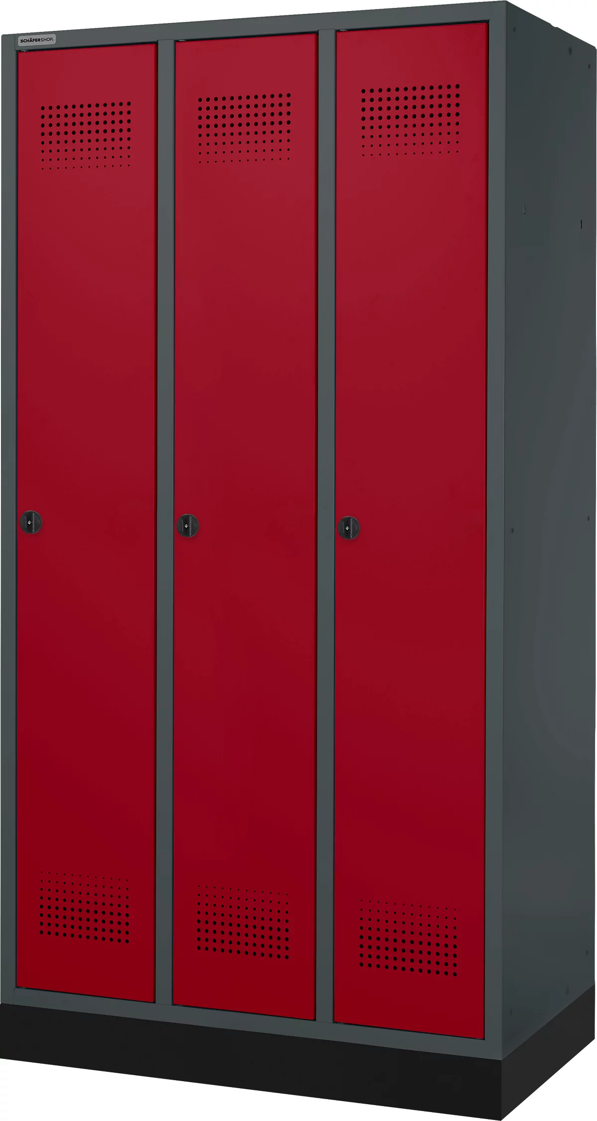 Schäfer Shop Genius Taquilla con zócalo, 3 compartimentos, anchura compartimento 300 mm, cierre de pasador giratorio de seguridad, antracita/rojo rubí