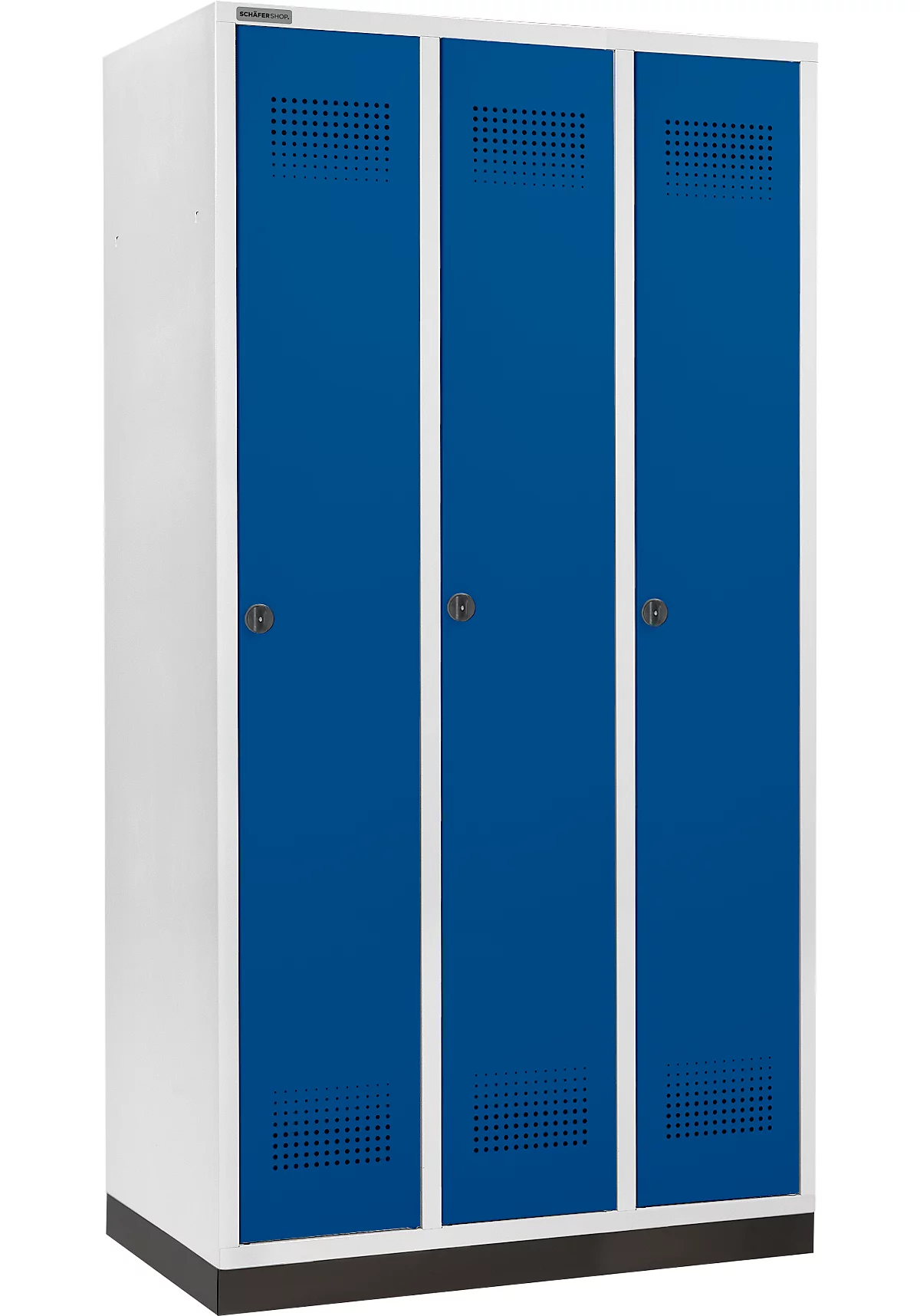 Schäfer Shop Genius Taquilla con zócalo, 3 compartimentos, anchura compartimento 300 mm, cierre de pasador giratorio de seguridad, azul genciana