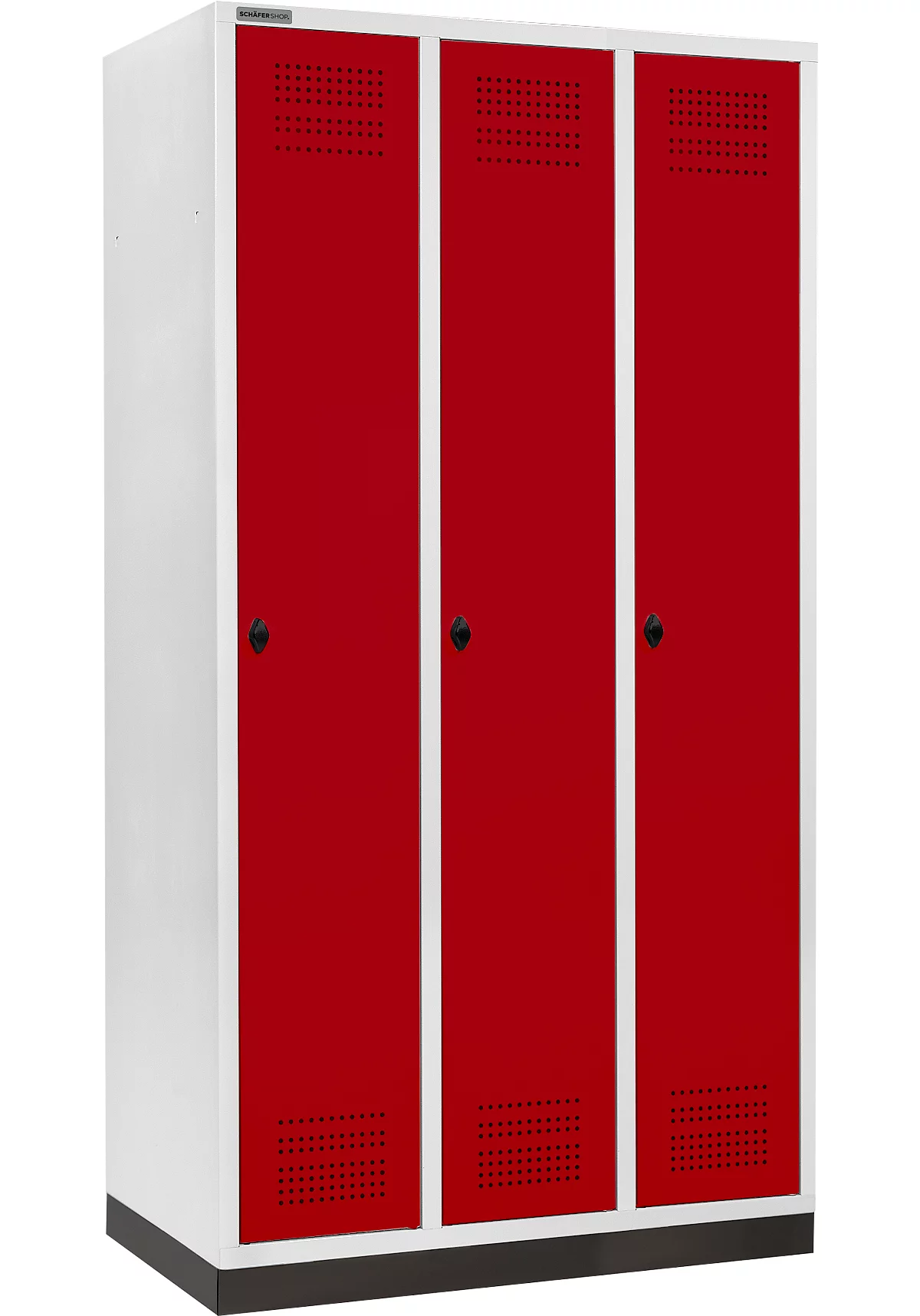 Schäfer Shop Genius Taquilla con zócalo, 3 compartimentos, anchura compartimento 300 mm, cierre de pasador giratorio de seguridad, rojo rubí