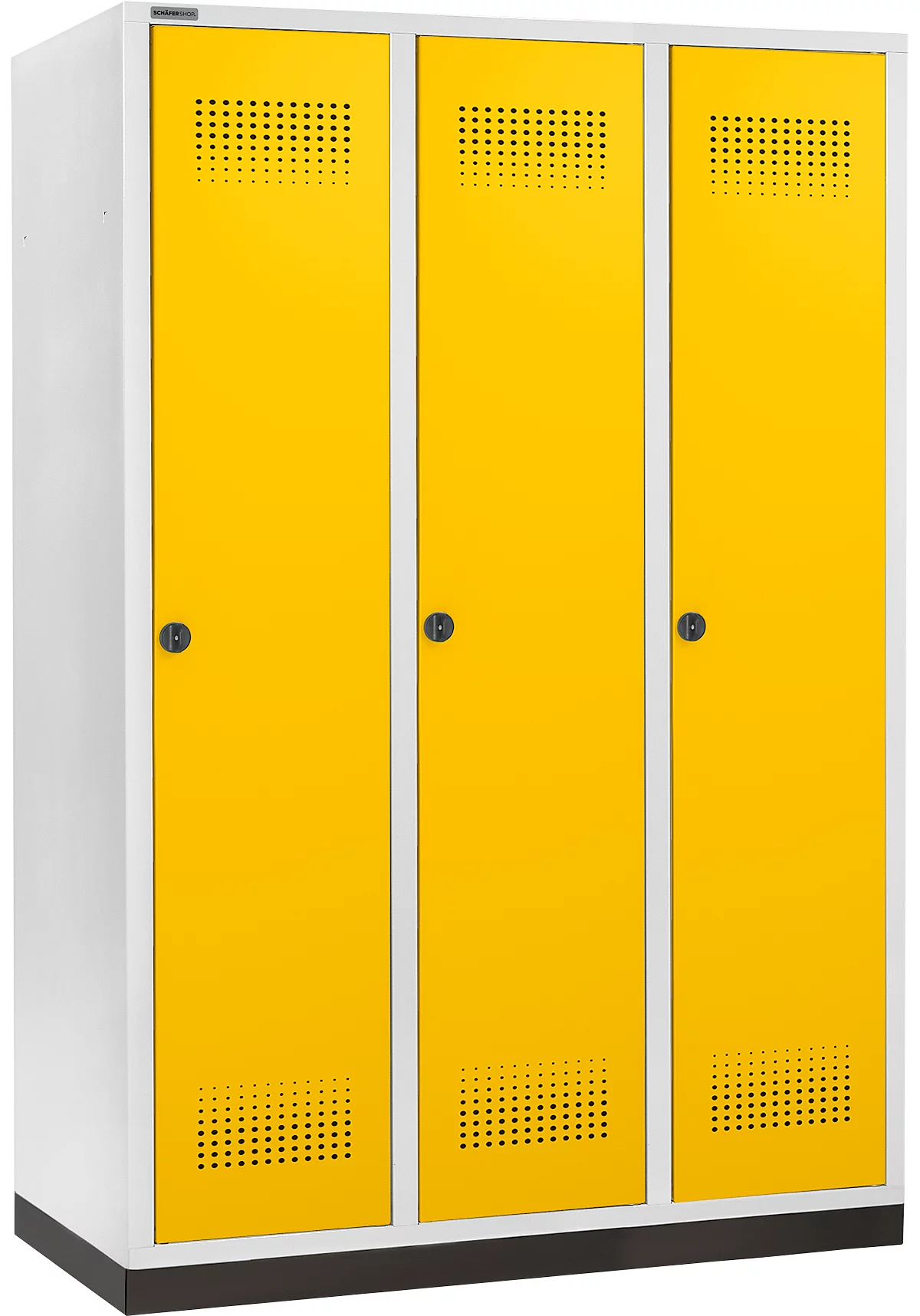 Schäfer Shop Genius Taquilla con zócalo, 3 compartimentos, anchura compartimento 400 mm, cierre de pasador giratorio de seguridad, gris luminoso/amarillo colza