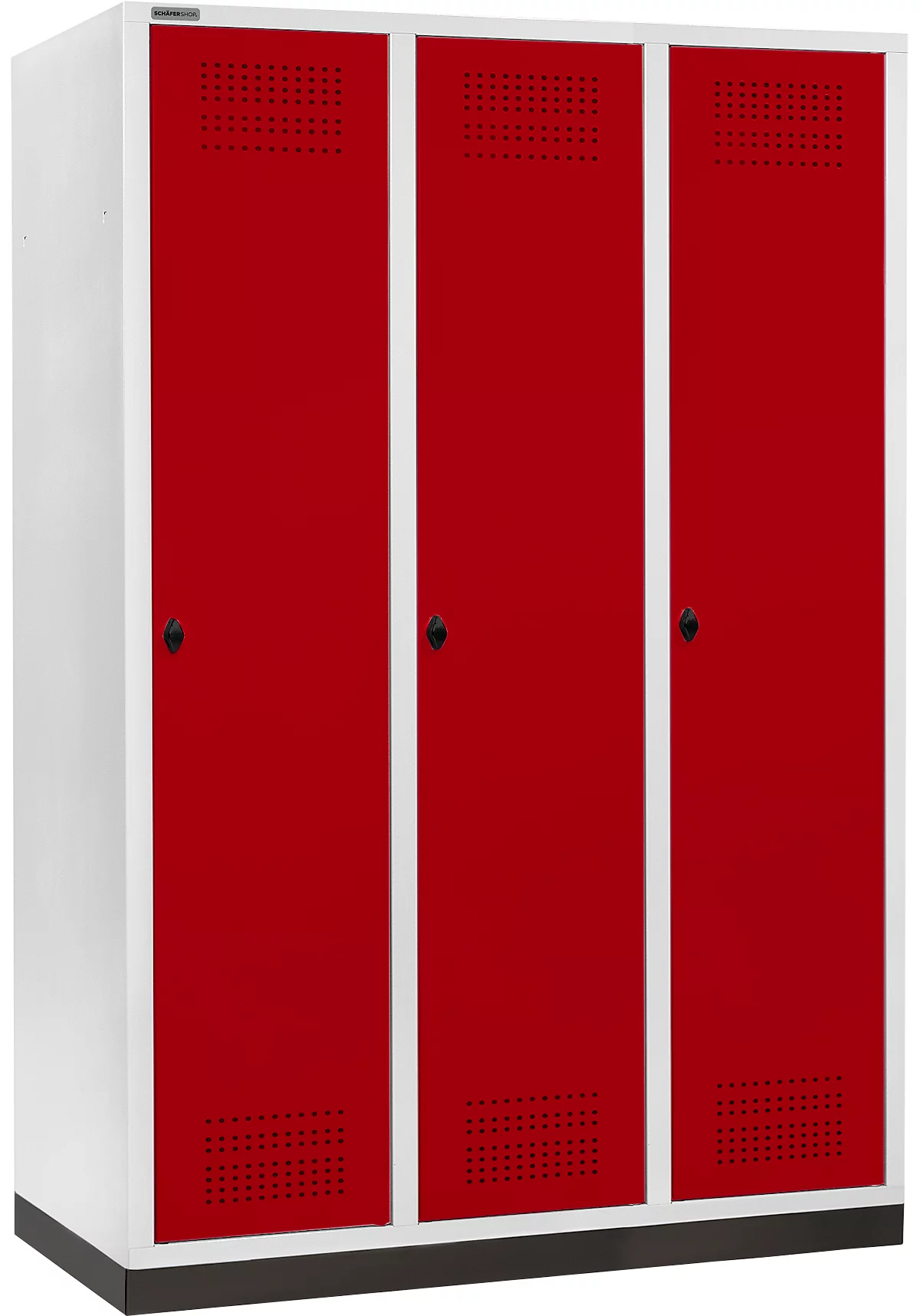 Schäfer Shop Genius Taquilla con zócalo, 3 compartimentos, anchura compartimento 400 mm, cierre de pasador giratorio de seguridad, gris luminoso/rojo rubí