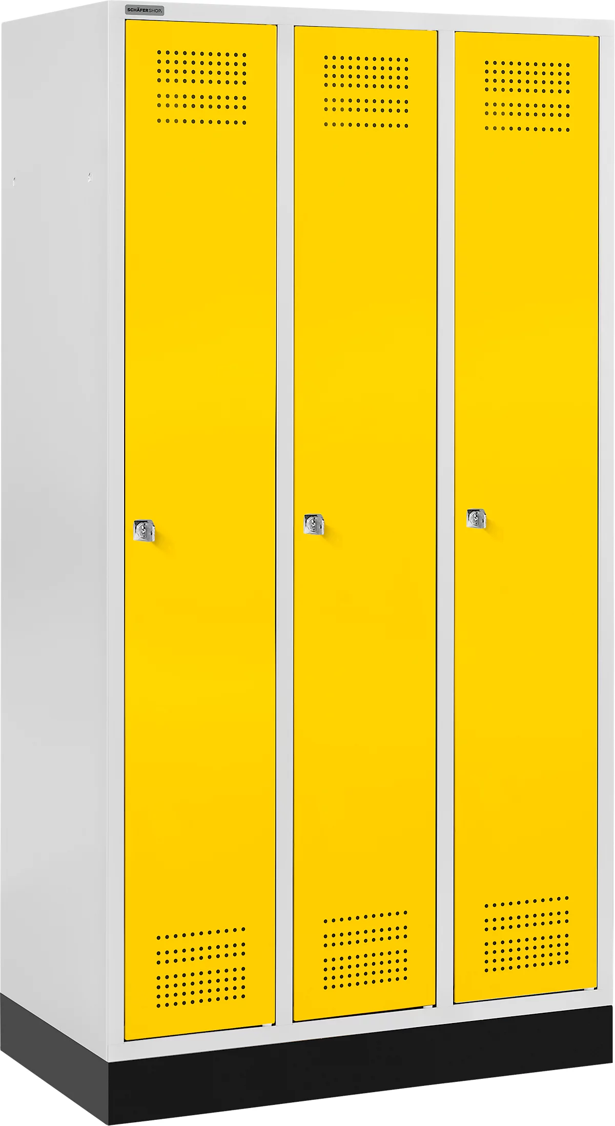 Schäfer Shop Genius Taquilla con zócalo, 3 compartimentos, cerradura de cilindro, gris luminoso/amarillo