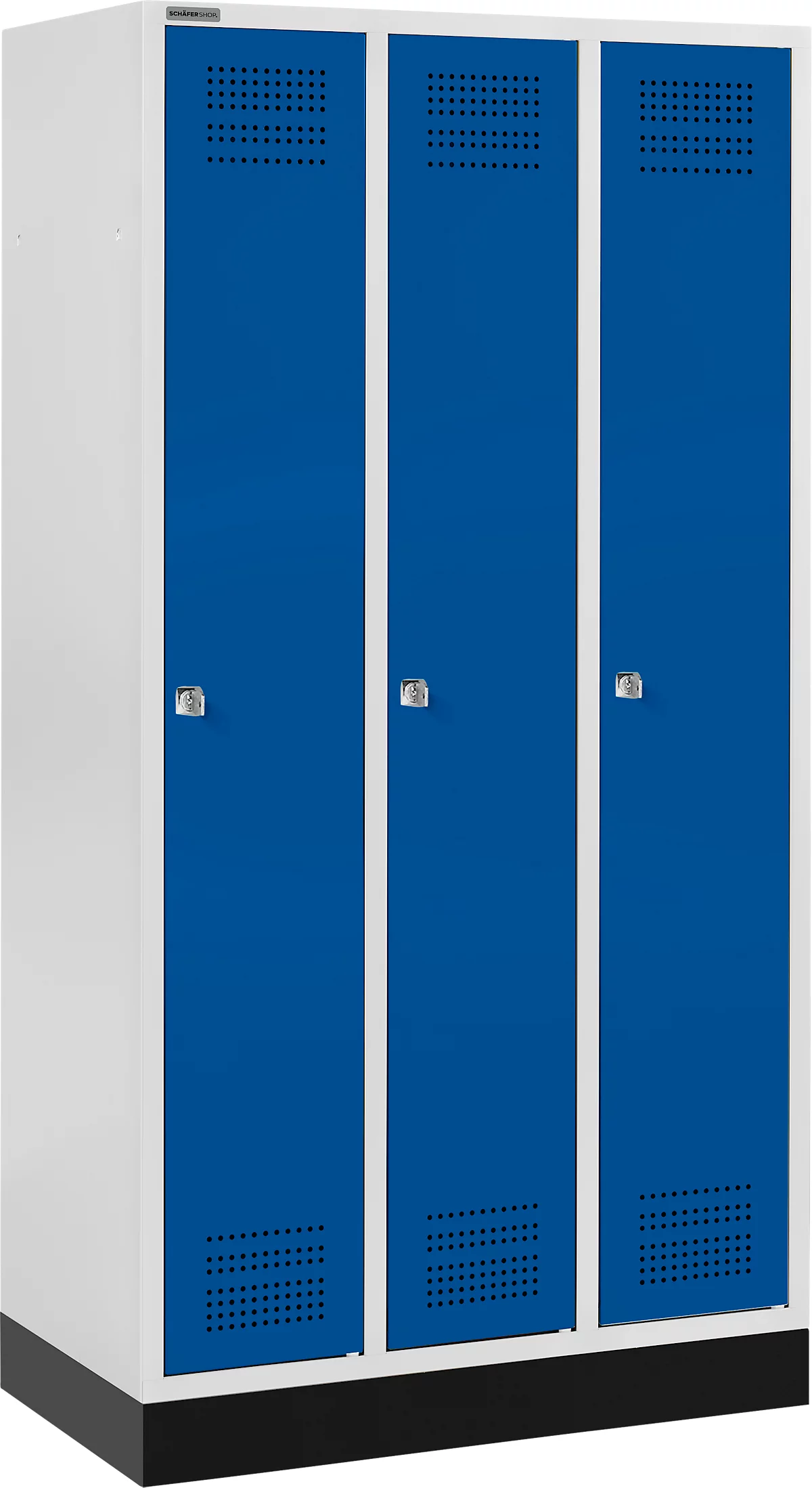 Schäfer Shop Genius Taquilla con zócalo, 3 compartimentos, cerradura de cilindro, gris luminoso/azul genciana