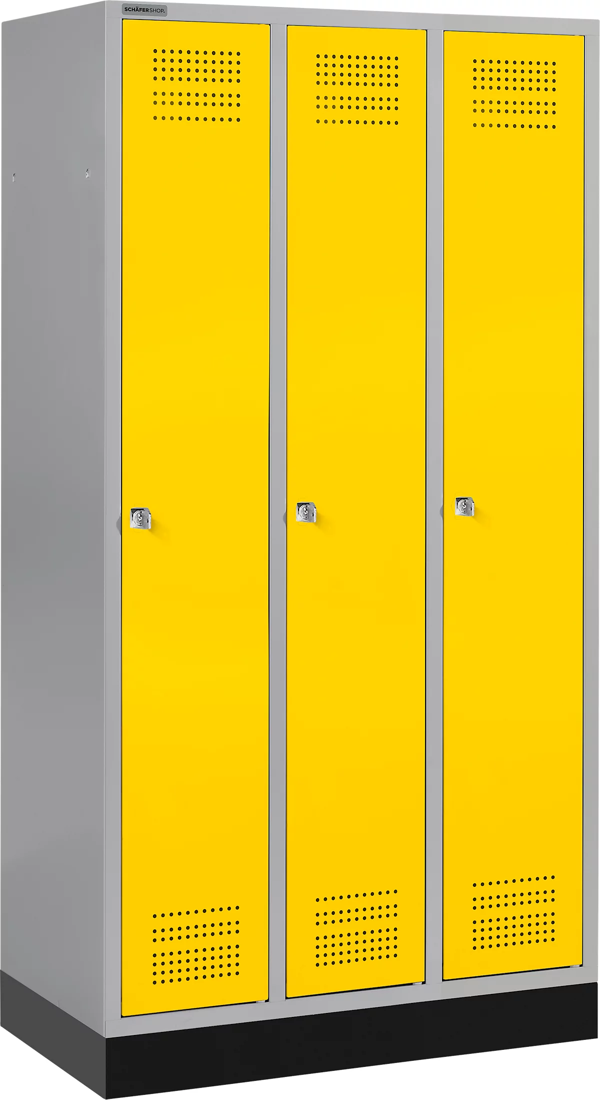 Schäfer Shop Genius Taquilla con zócalo, 3 compartimentos, cerradura de cilindro, plateado claro/amarillo