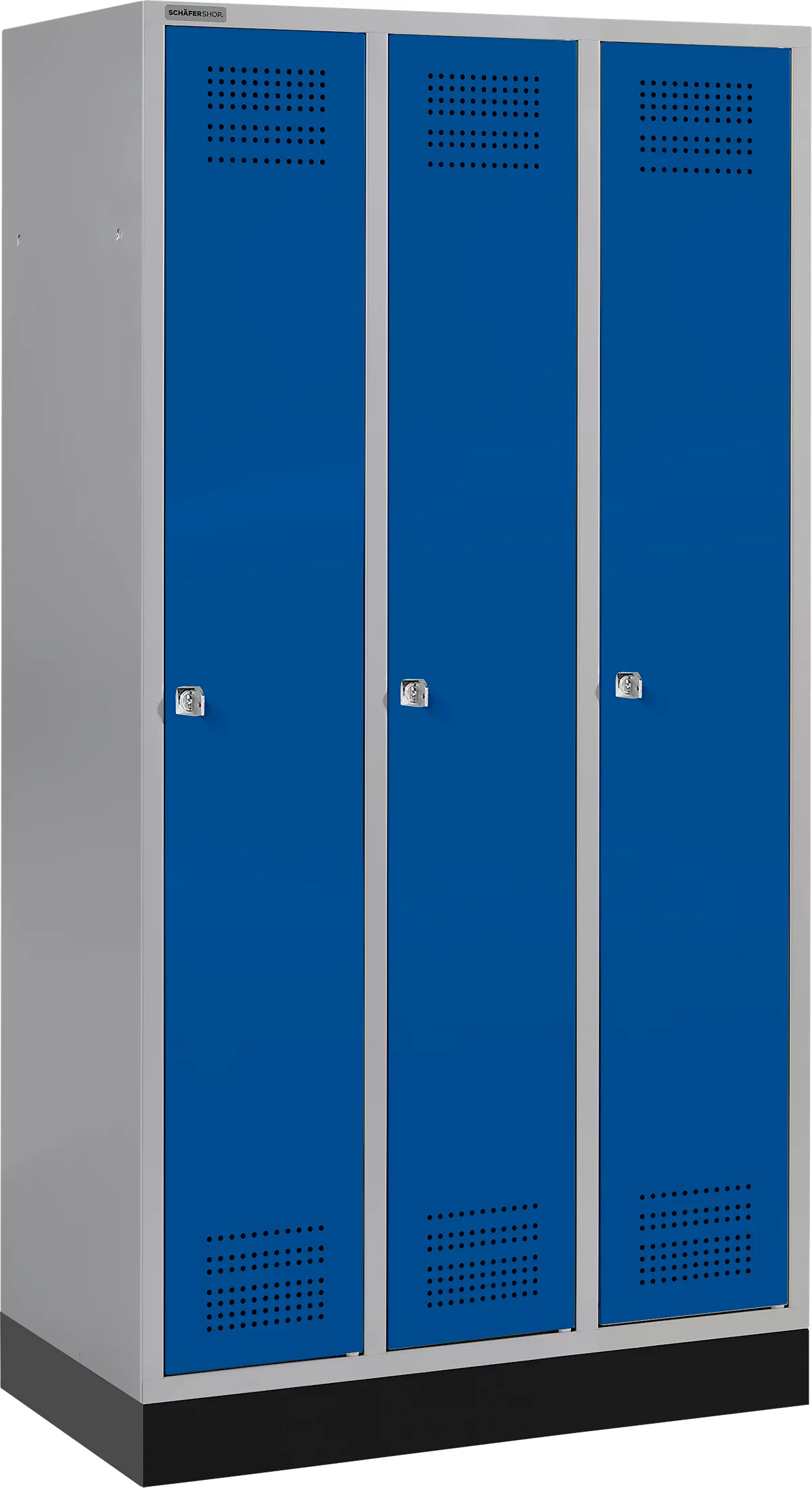 Schäfer Shop Genius Taquilla con zócalo, 3 compartimentos, cerradura de cilindro, plateado claro/azul genciana
