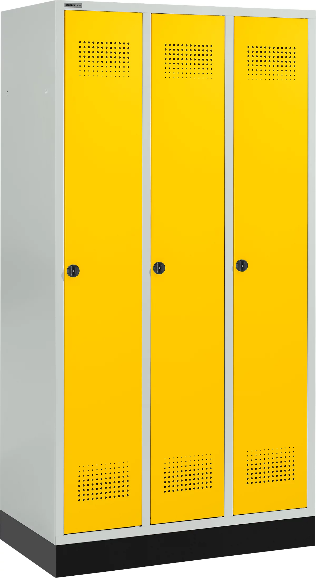 Schäfer Shop Genius Taquilla con zócalo, 3 compartimentos, cierre de pasador giratorio de seguridad, gris luminoso/amarillo