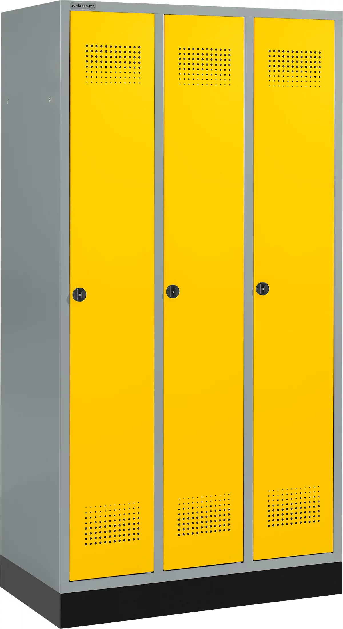 Schäfer Shop Genius Taquilla con zócalo, 3 compartimentos, cierre de pasador giratorio de seguridad, plateado claro/amarillo