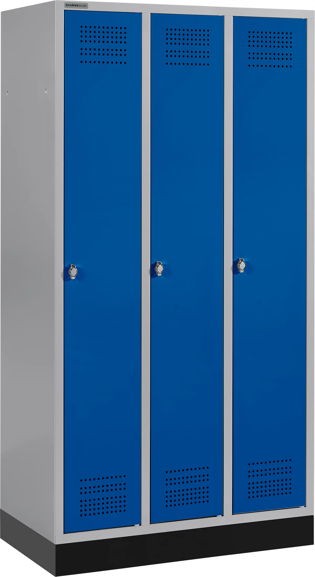 Schäfer Shop Genius Taquilla con zócalo, 3 compartimentos, cierre de pasador giratorio de seguridad, plateado claro/azul genciana