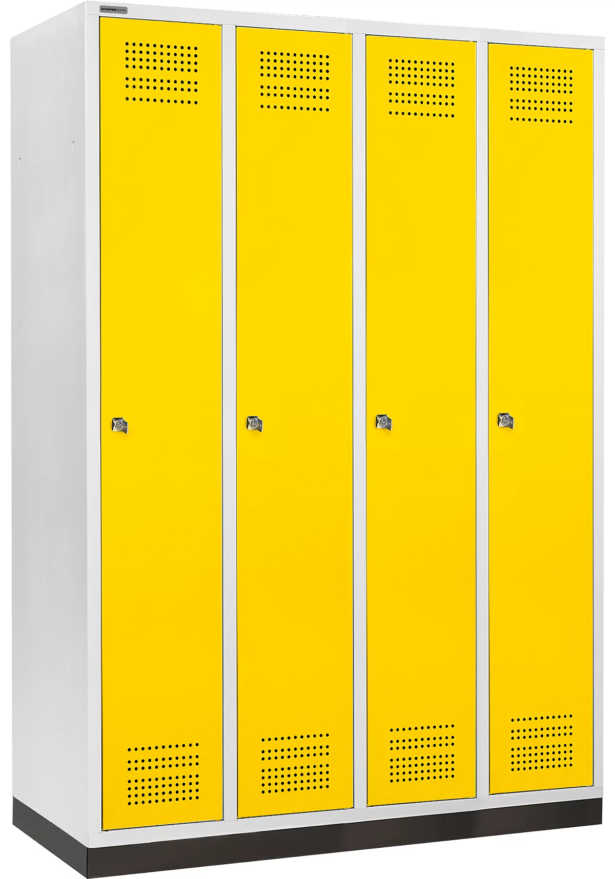Schäfer Shop Genius Taquilla con zócalo, 4 compartimentos, anchura compartimento 300 mm, cerradura de cilindro, amarillo colza