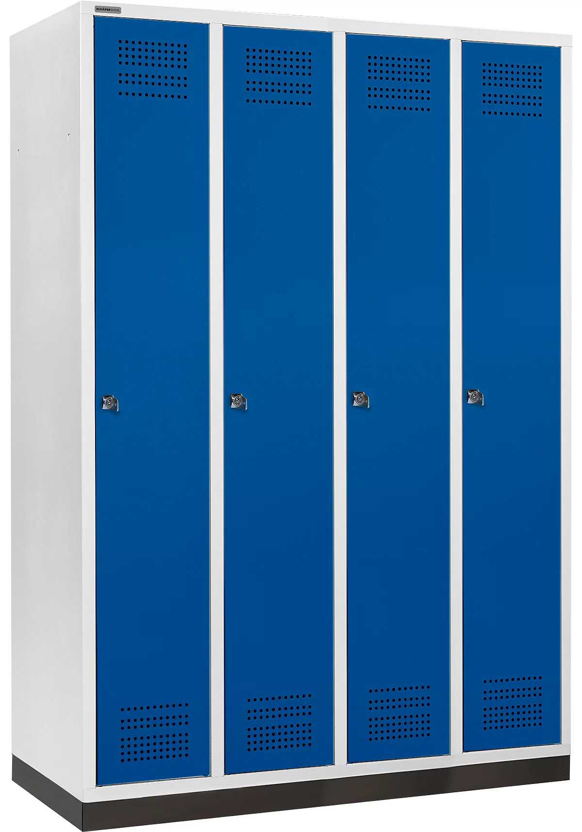 Schäfer Shop Genius Taquilla con zócalo, 4 compartimentos, anchura compartimento 300 mm, cerradura de cilindro, azul genciana