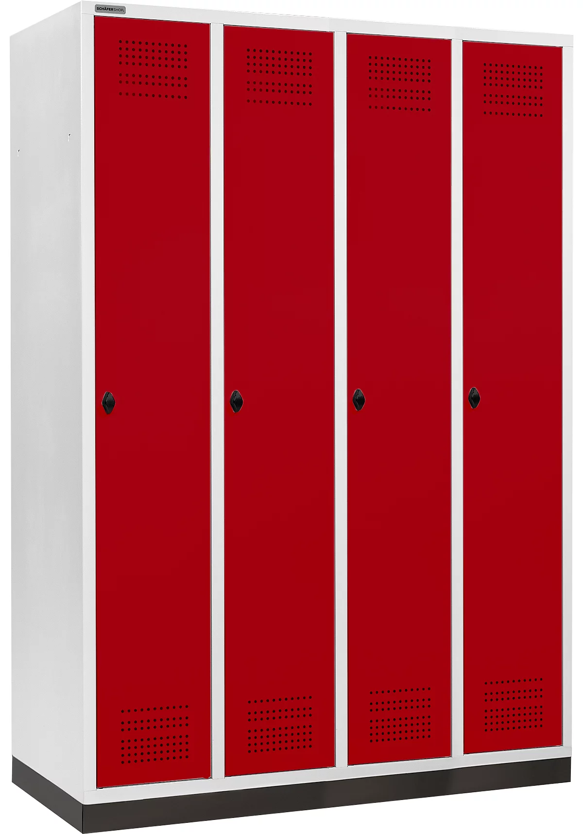Schäfer Shop Genius Taquilla con zócalo, 4 compartimentos, anchura compartimento 300 mm, cierre de pasador giratorio, rojo rubí