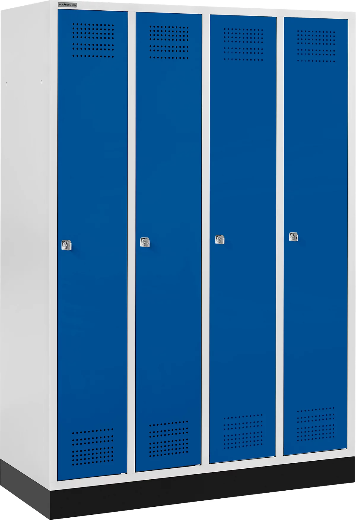 Schäfer Shop Genius Taquilla con zócalo, 4 compartimentos, cerradura de cilindro, gris luminoso/azul genciana