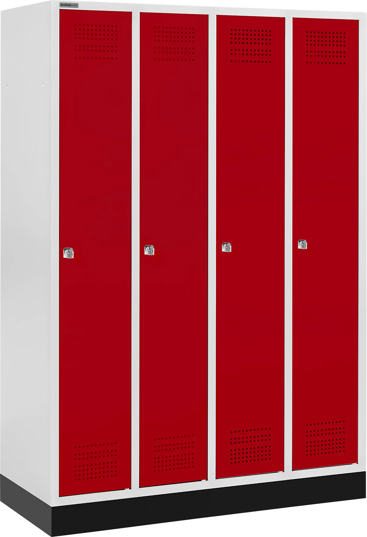 Schäfer Shop Genius Taquilla con zócalo, 4 compartimentos, cerradura de cilindro, gris luminoso/rojo