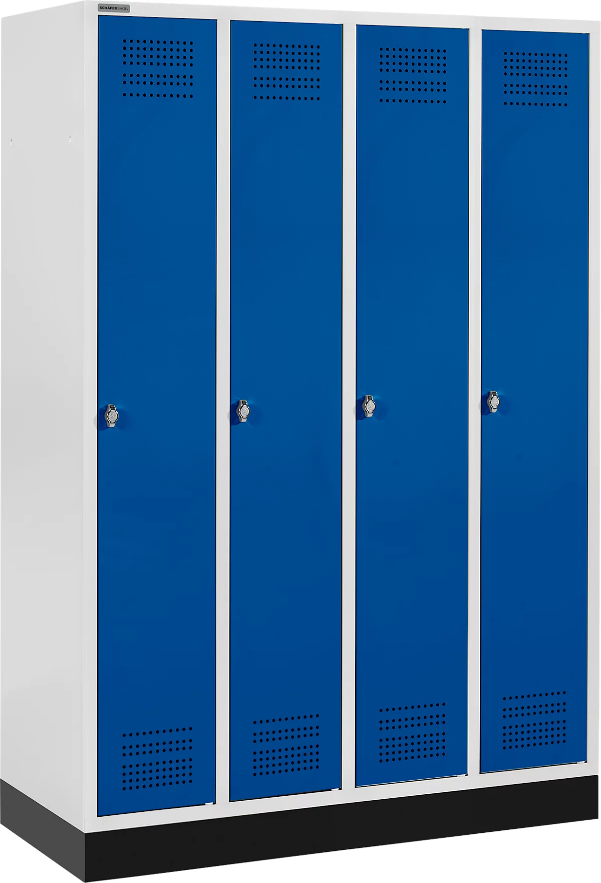 Schäfer Shop Genius Taquilla con zócalo, 4 compartimentos, cierre de pasador giratorio, gris luminoso/azul genciana