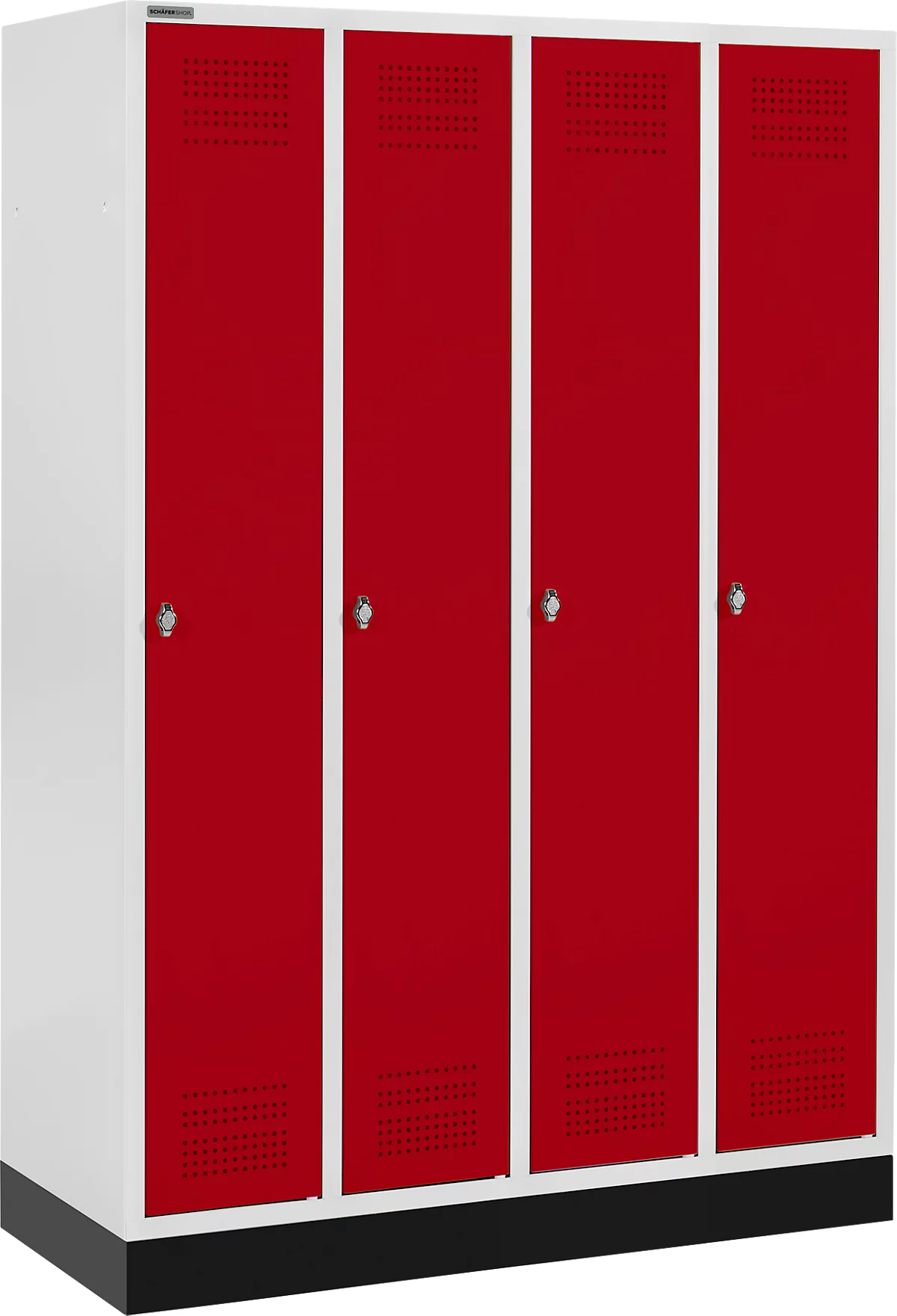 Schäfer Shop Genius Taquilla con zócalo, 4 compartimentos, cierre de pasador giratorio, gris luminoso/rojo