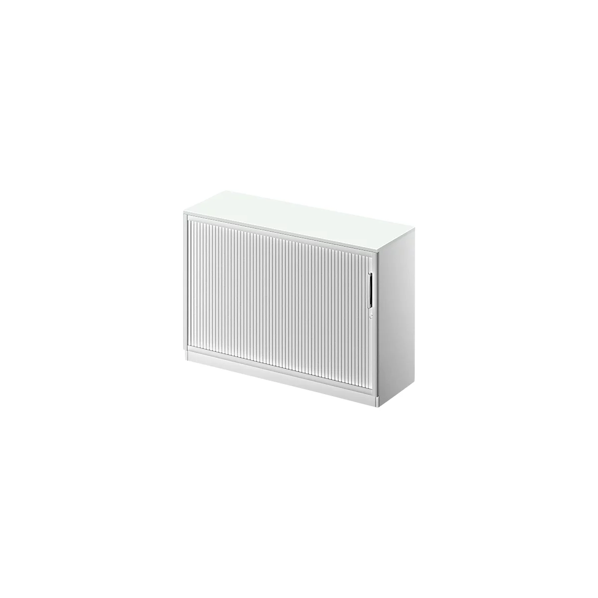 White cabinet with slatted door. The door has a vertical handle. The surface is smooth.