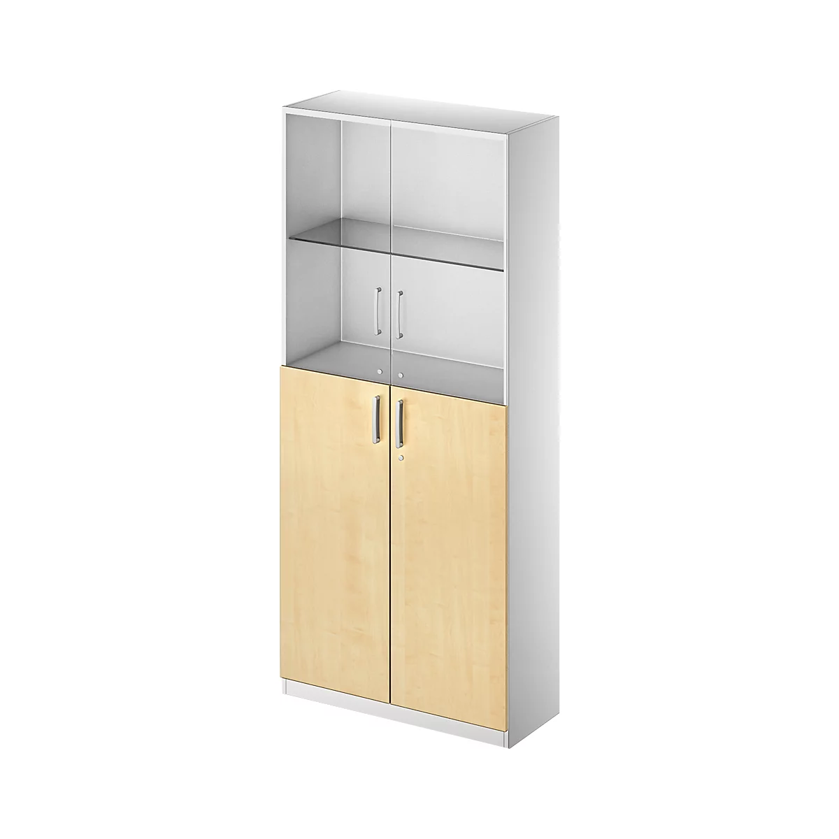 Office cabinet with glass display cabinet on top and wooden cabinet below. Silver handles, white casing.