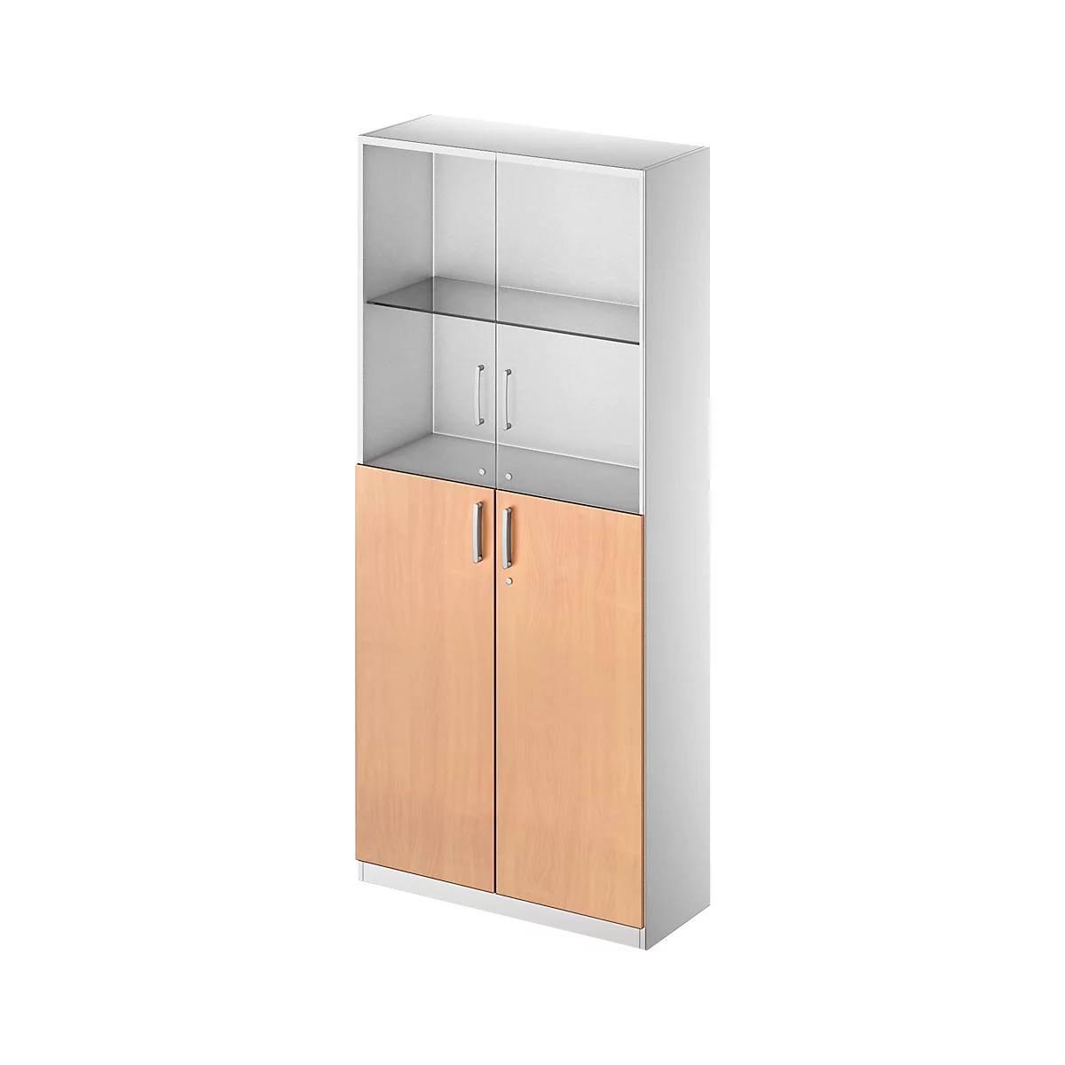 A white cabinet with glass display and wooden doors. The bottom half has two wooden doors, the top half has glass and a shelf.