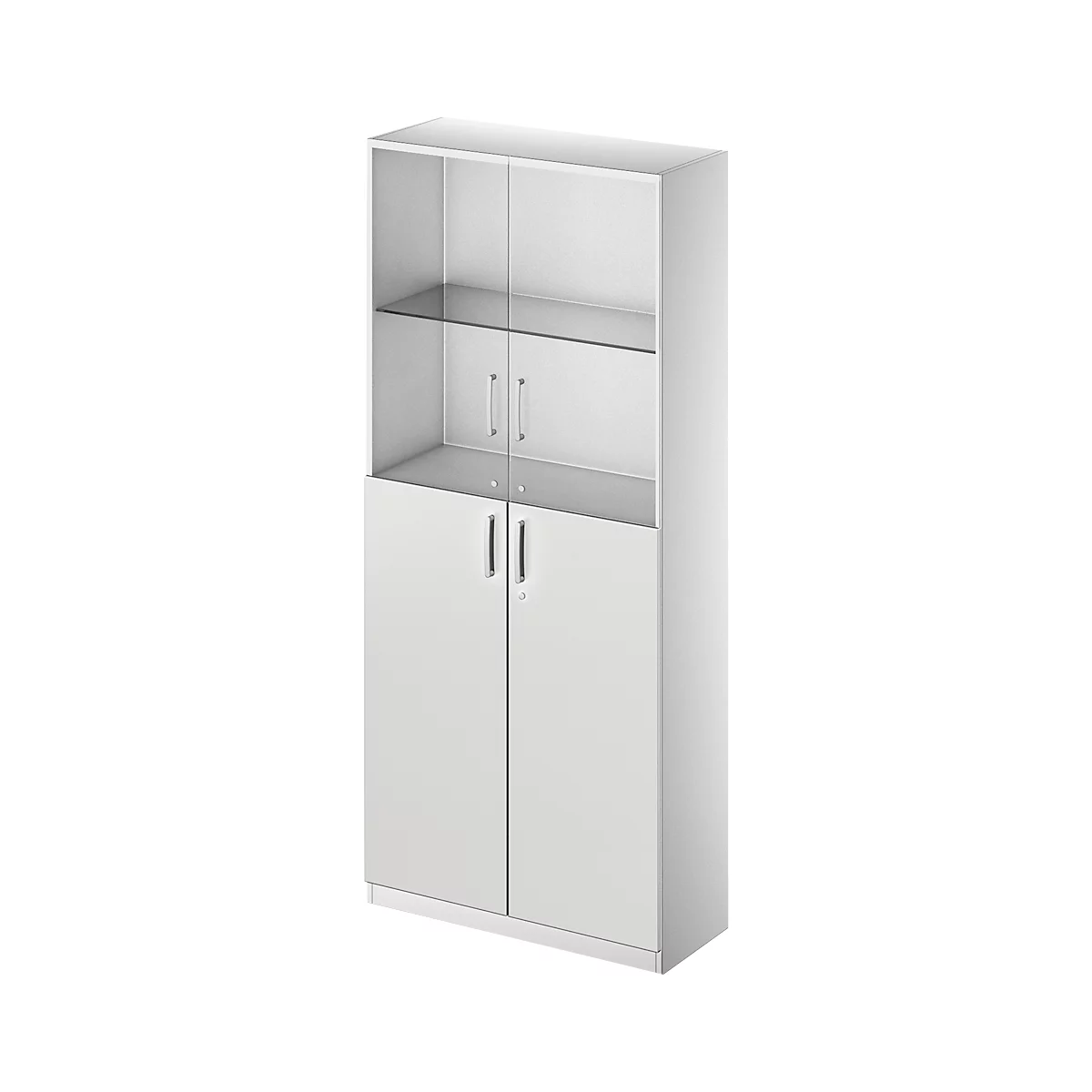 White office cabinet, upper half with glass doors, lower half closed. Two shelves.