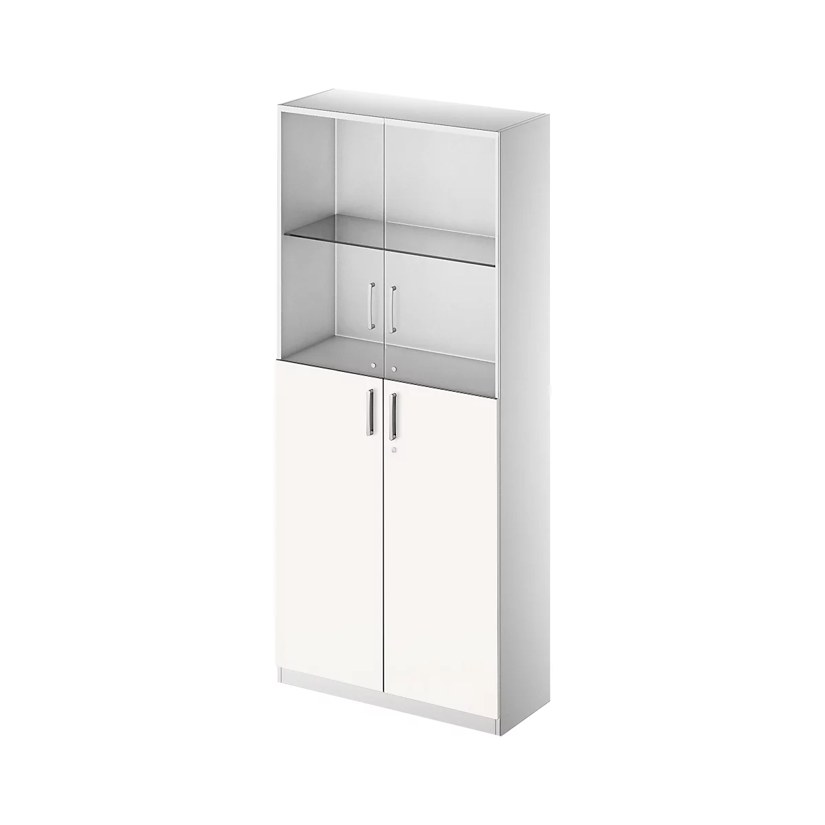 White office cabinet with glass doors, shelves, and lower cabinet doors. The cabinet stands against a white background.