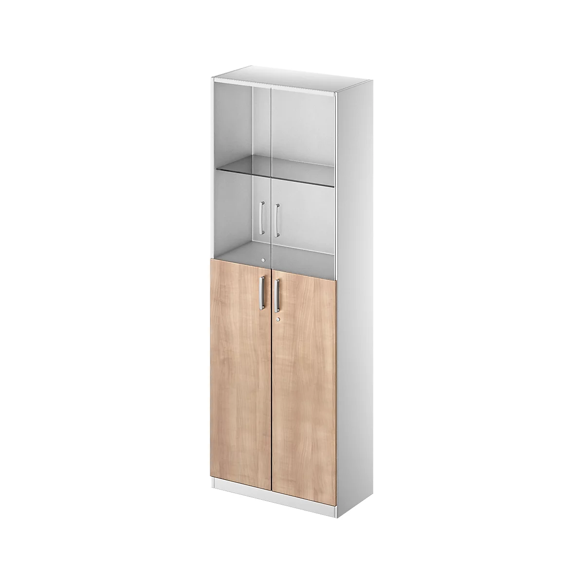 White office cabinet with glass display cabinet, below cabinet with wooden doors.