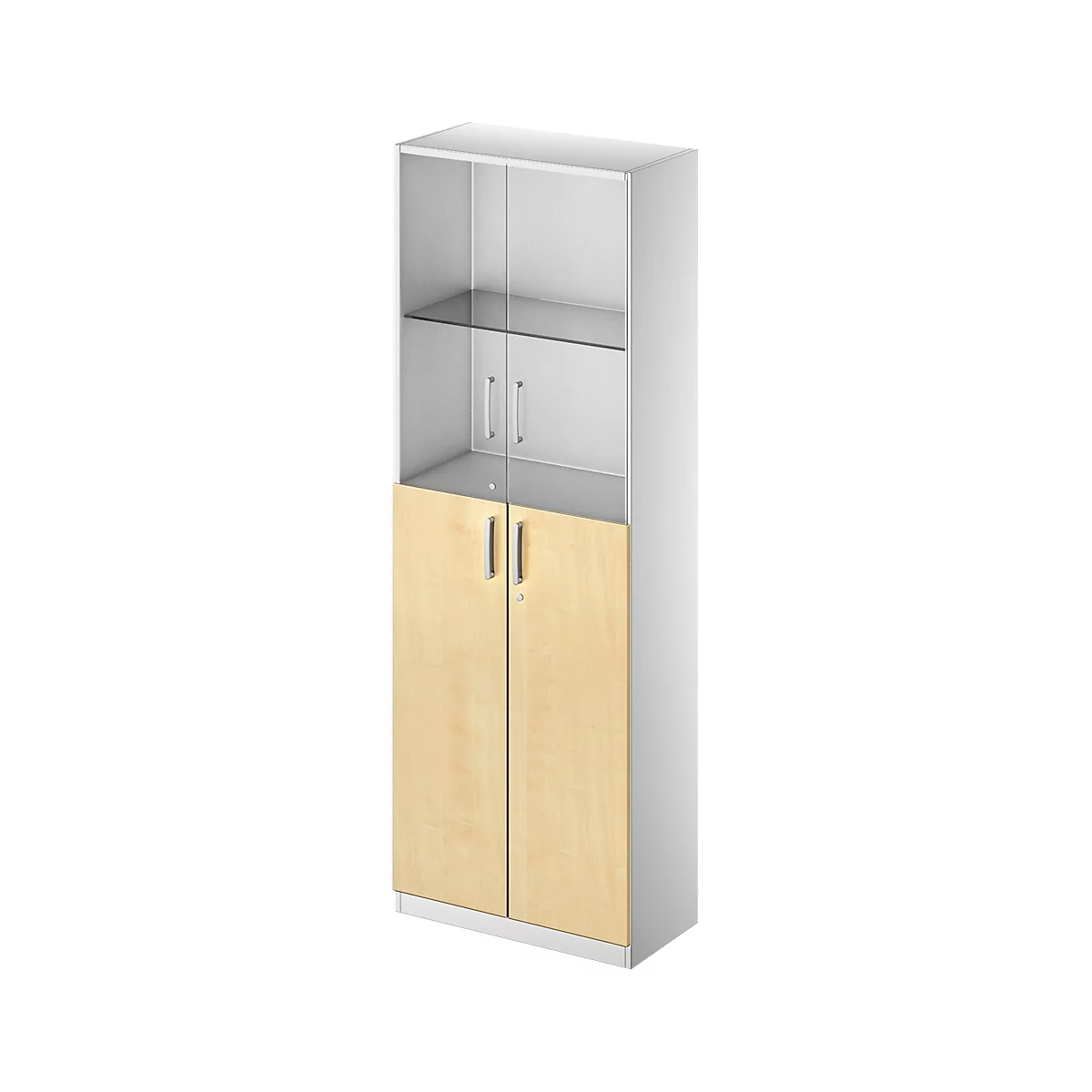 Office cabinet with two glass doors in the upper part and wooden doors in the lower part.